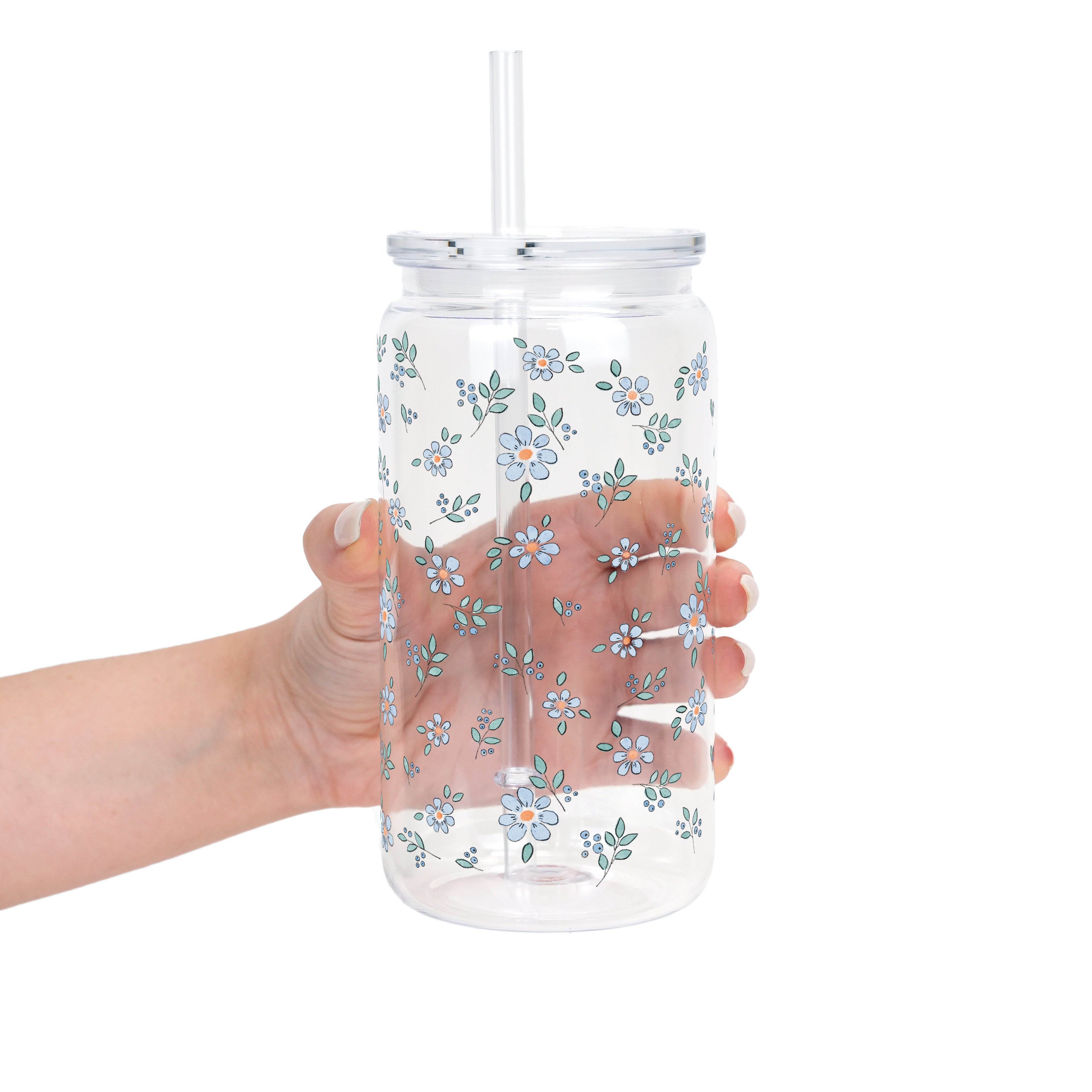 Minimalist Blue Flowers Glass Cup, Mug & Tumbler with Lid and Straw