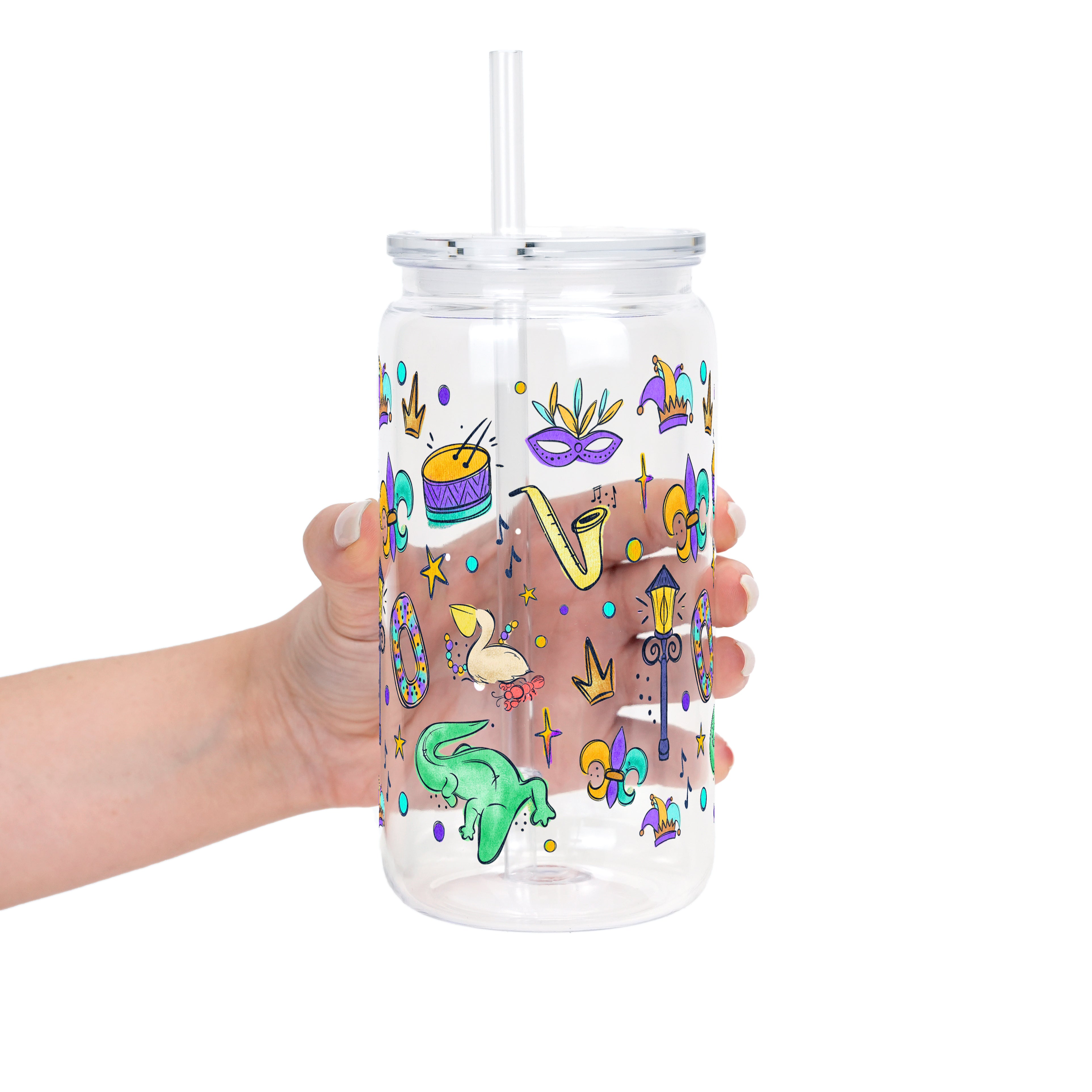 Watercolor Mardi Gras Cup with Lid & Straw