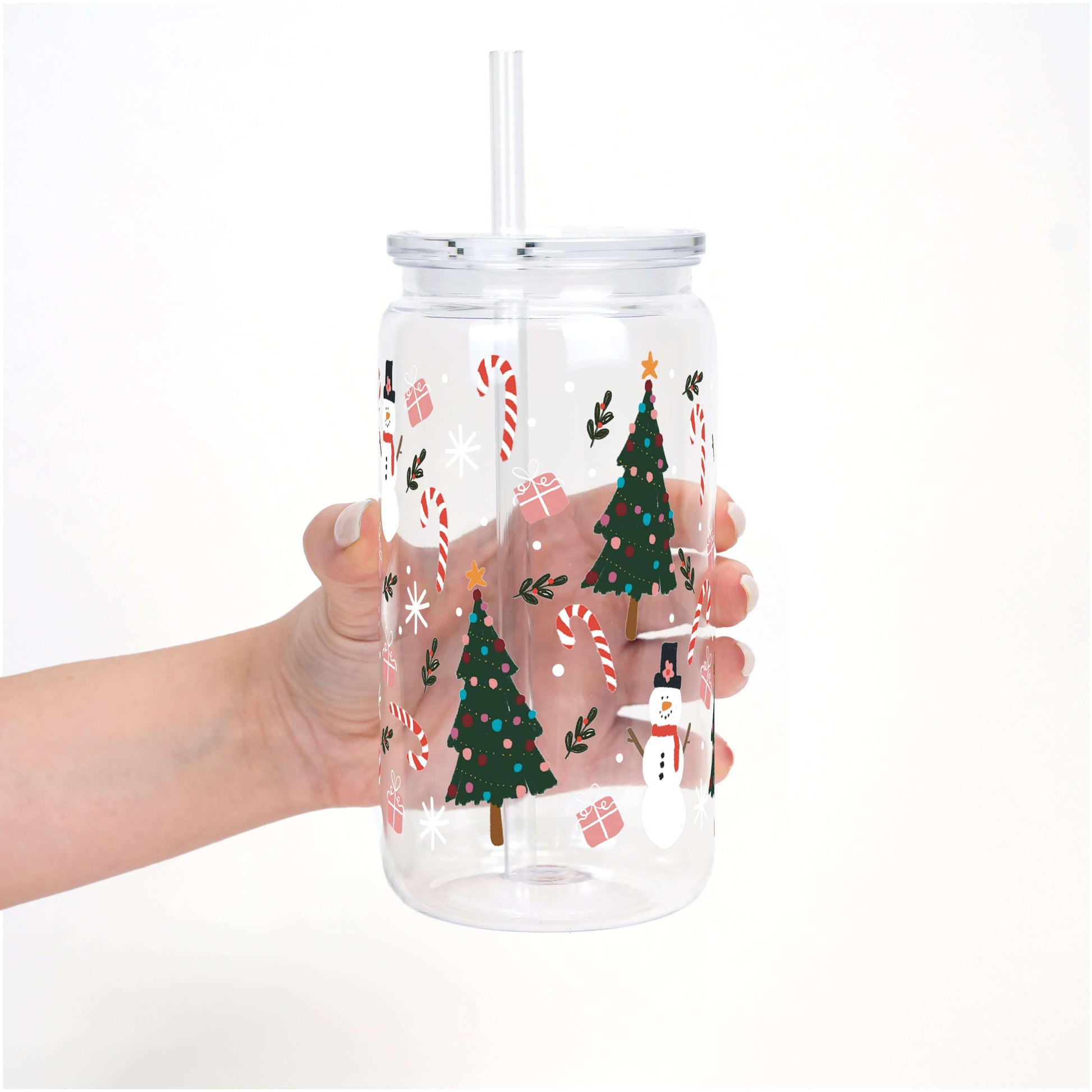 Jolly Little Christmas 16oz Glass Can Cup with Lid & Straw | Sip Sip Hooray
