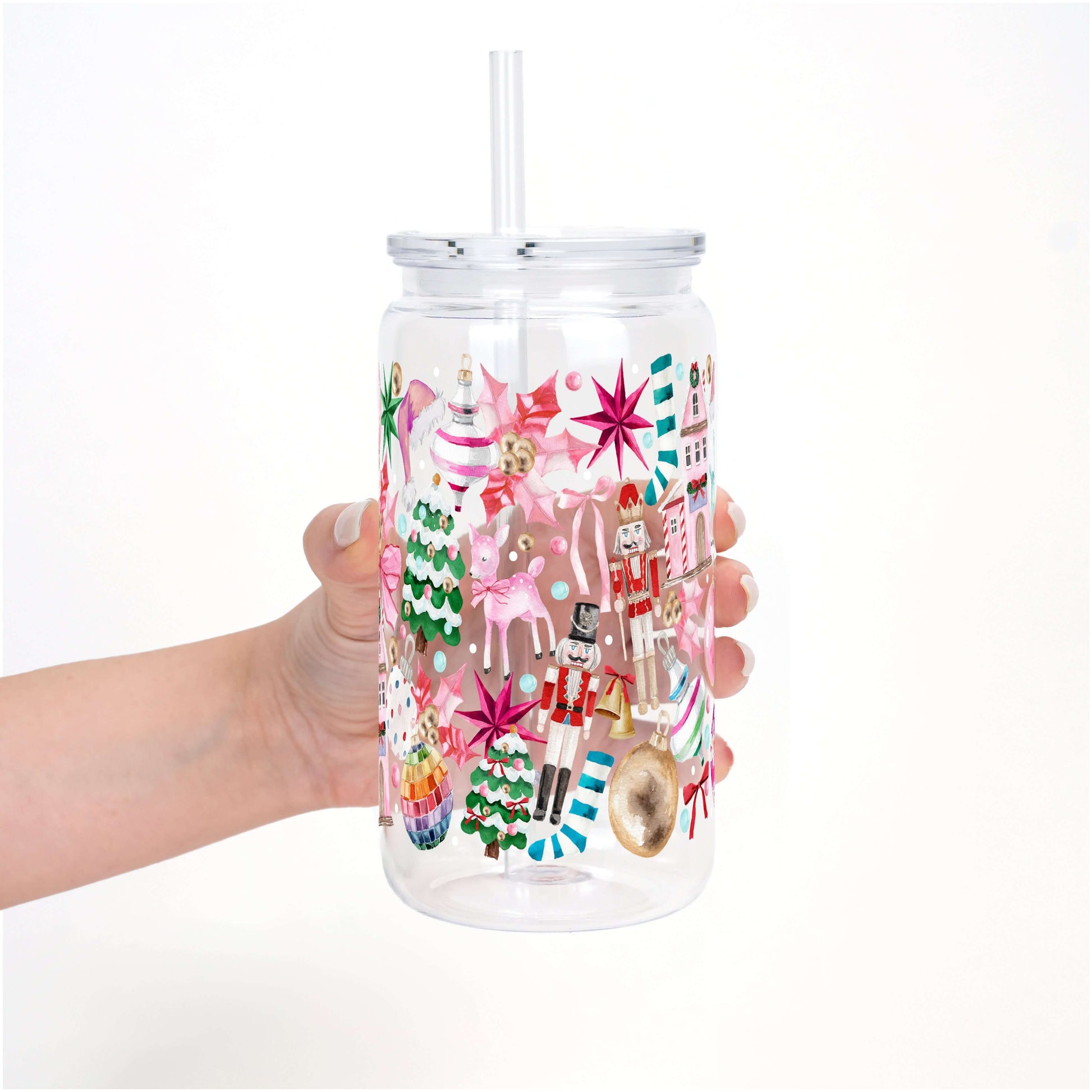 Whimsical Christmas 16oz Glass Can Cup with Lid & Straw | Sip Sip Hooray