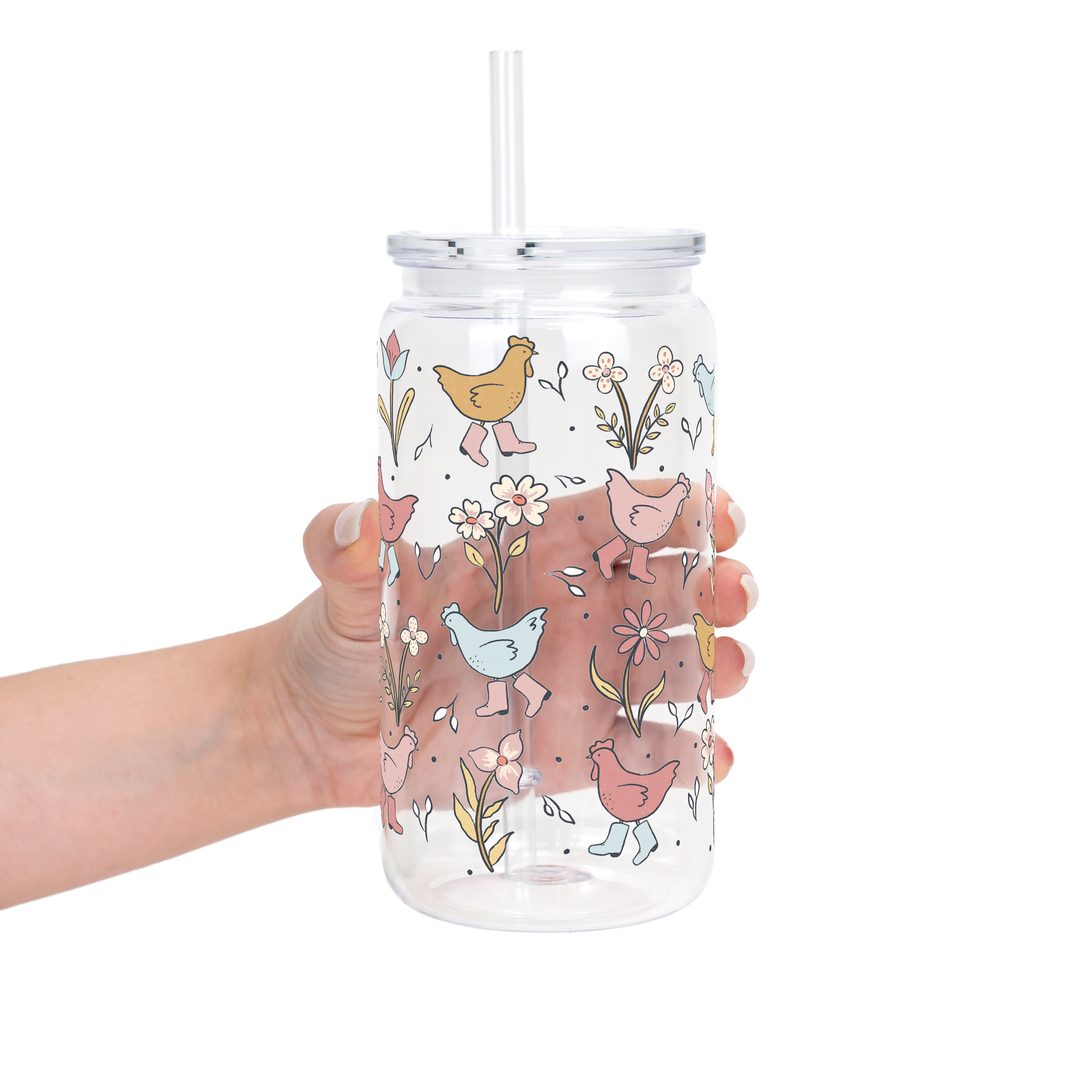 Funky Chickens Glass Cup, Mug & Tumbler with Lid and Straw