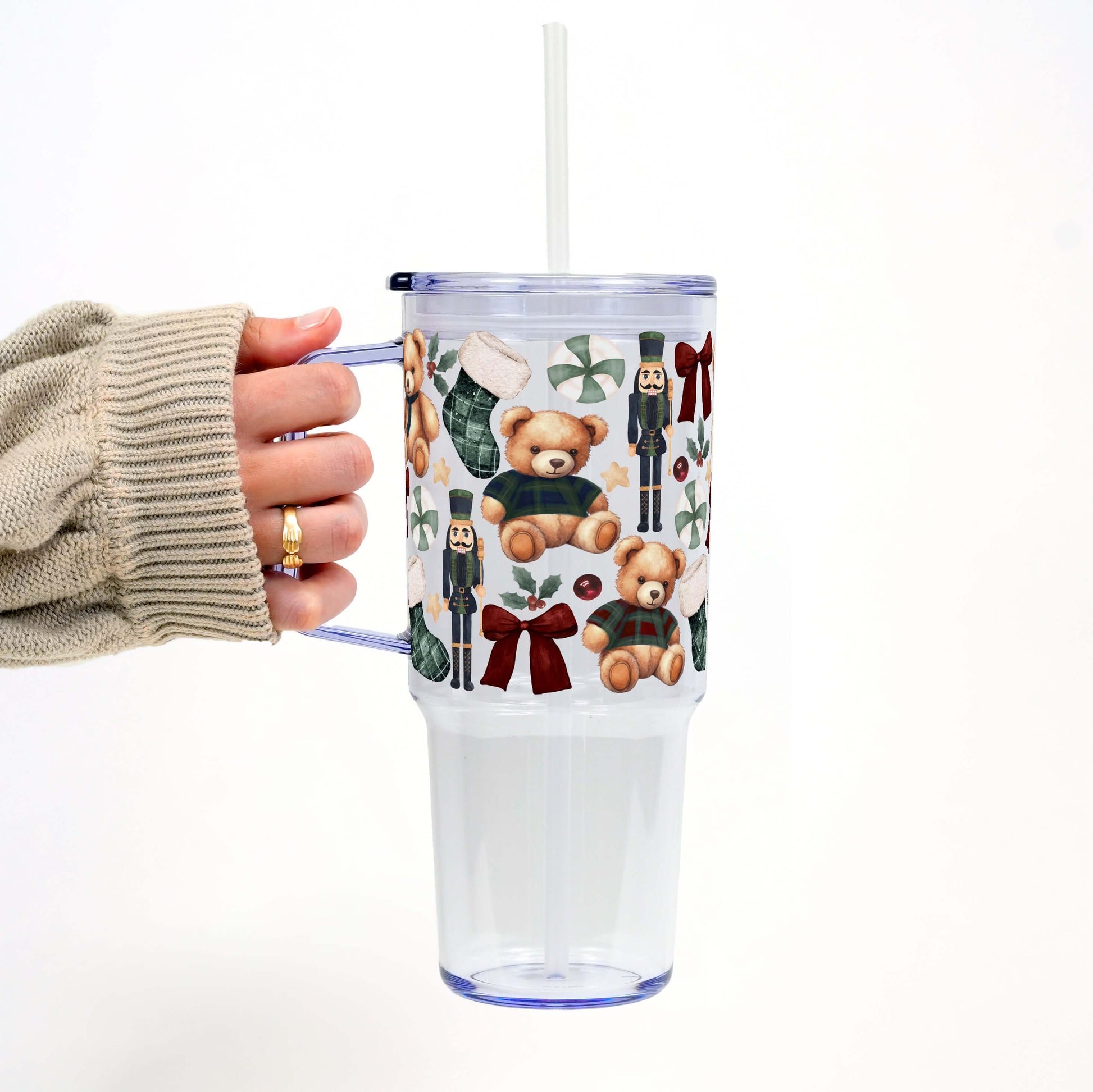 Plaid Teddy Christmas 40oz Tumbler with Handle Lid & Straw | Sip Sip Hooray