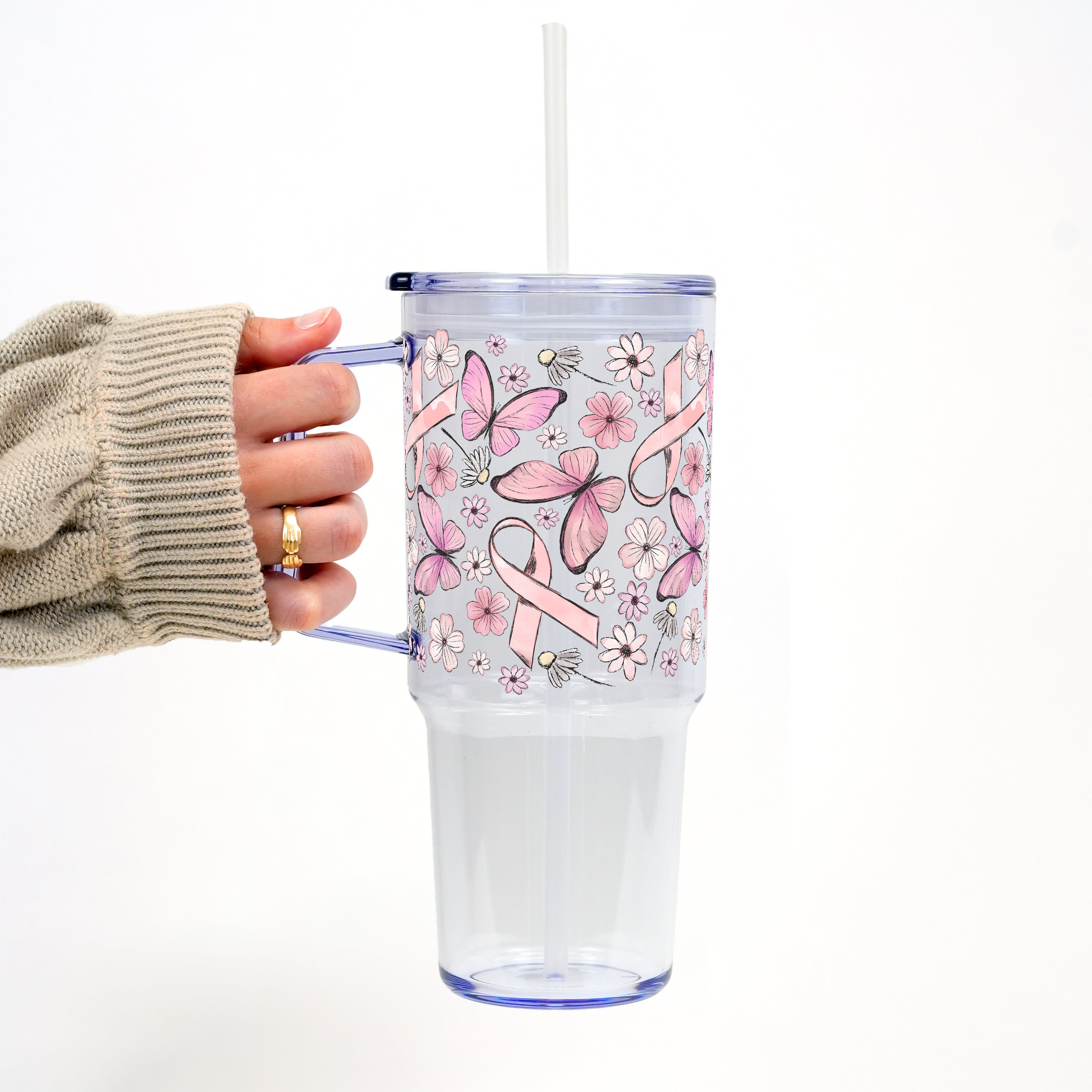 Pink Ribbon Tumbler With Lid and Straw