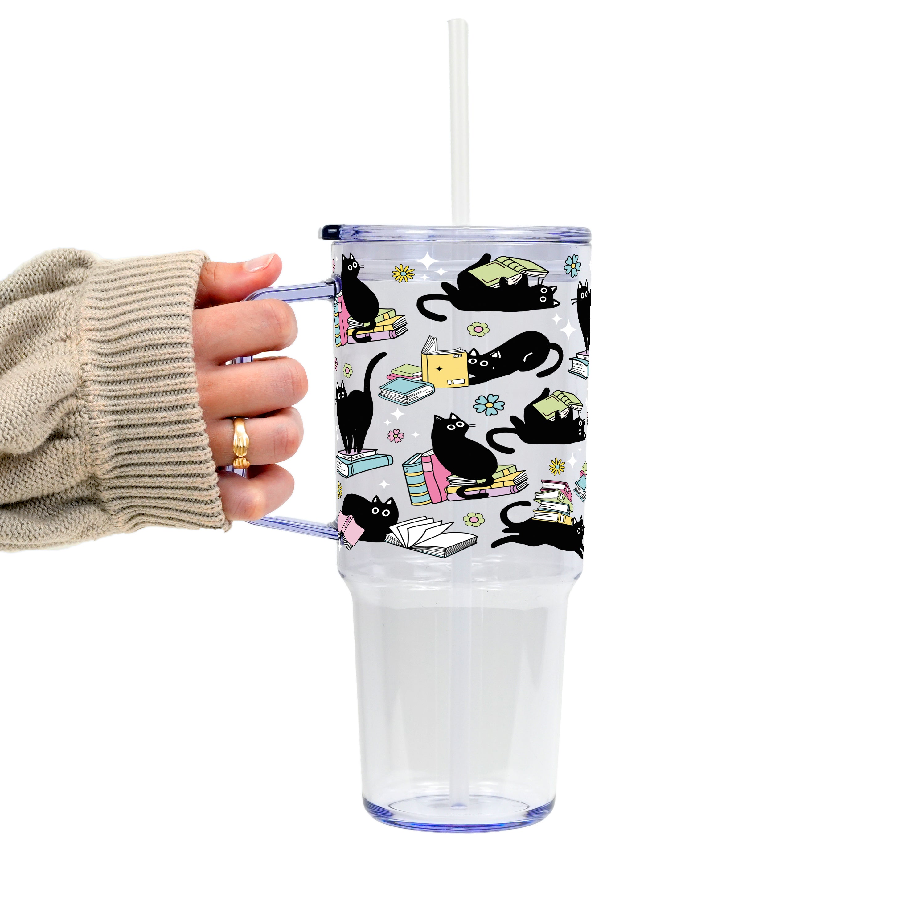 Black Cats on Books Glass Cup, Mug & Tumbler with Lid and Straw