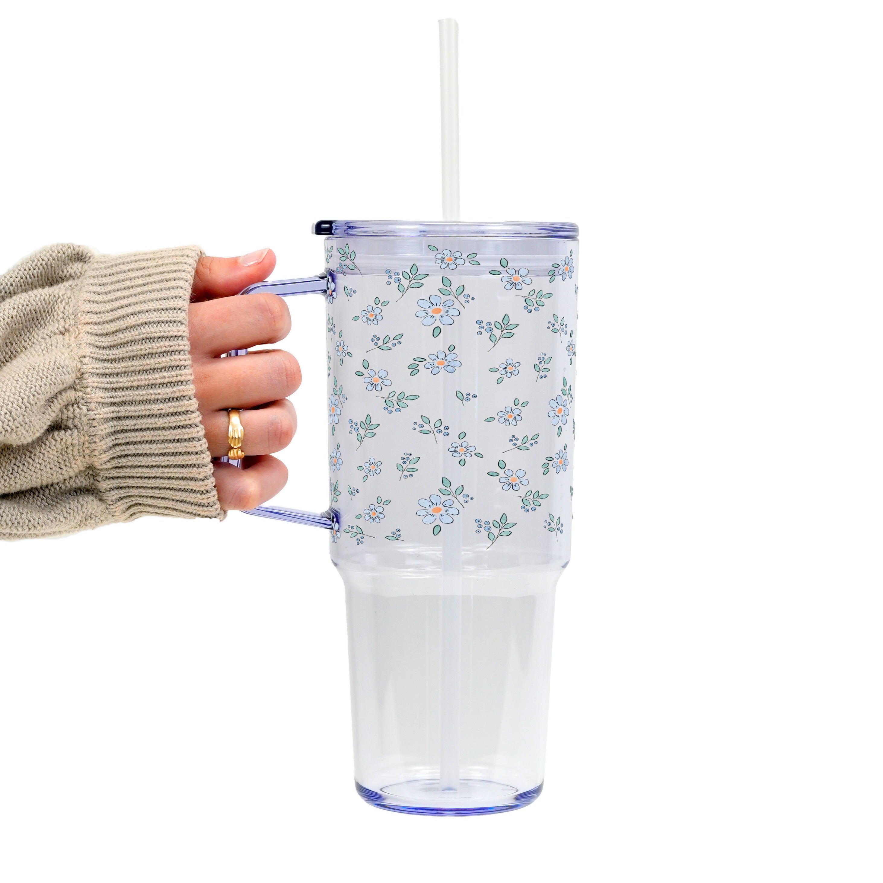 Minimalist Blue Flowers Glass Cup, Mug & Tumbler with Lid and Straw