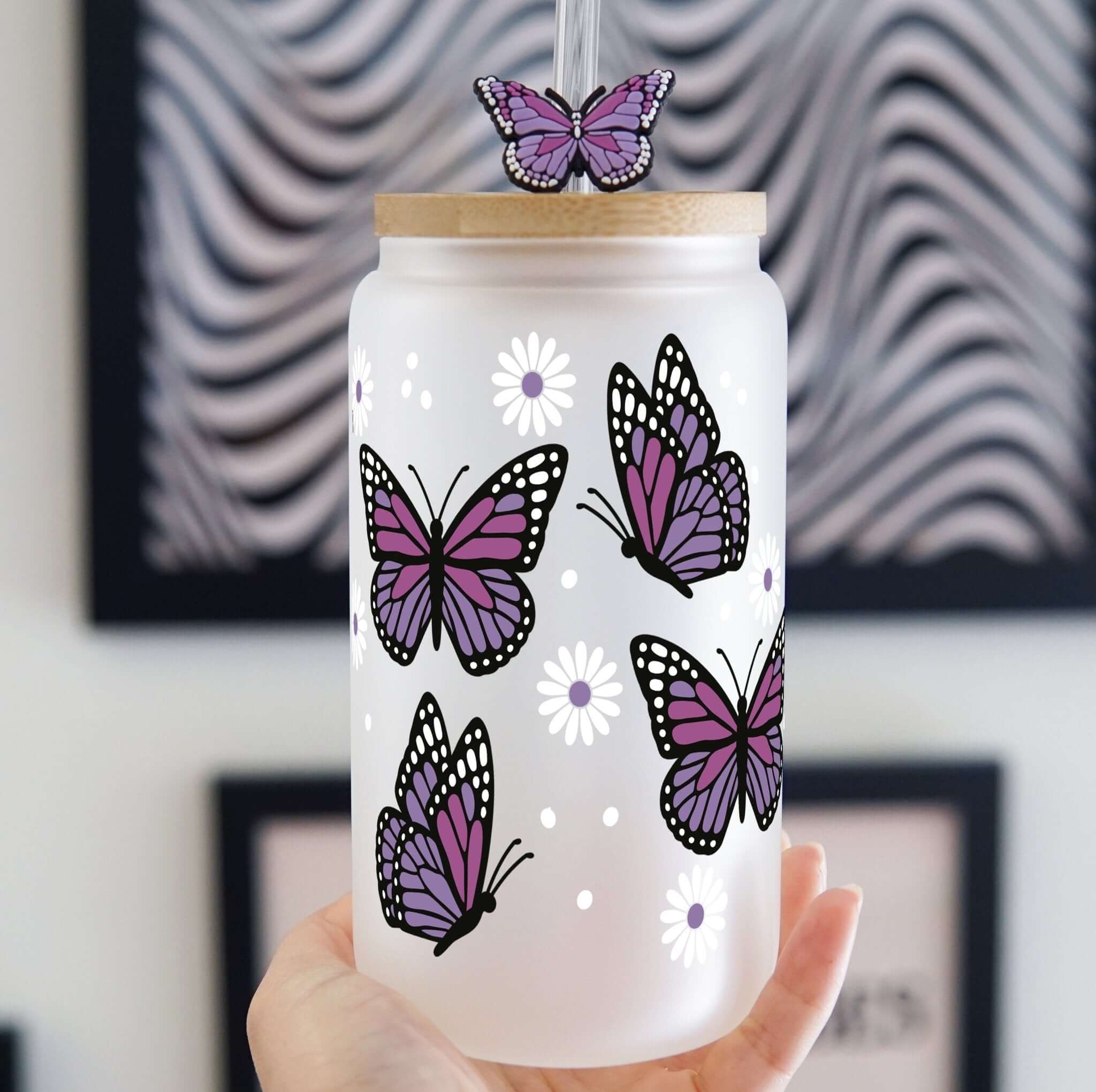 Purple Monarch Butterfly Cup with Lid and Straw