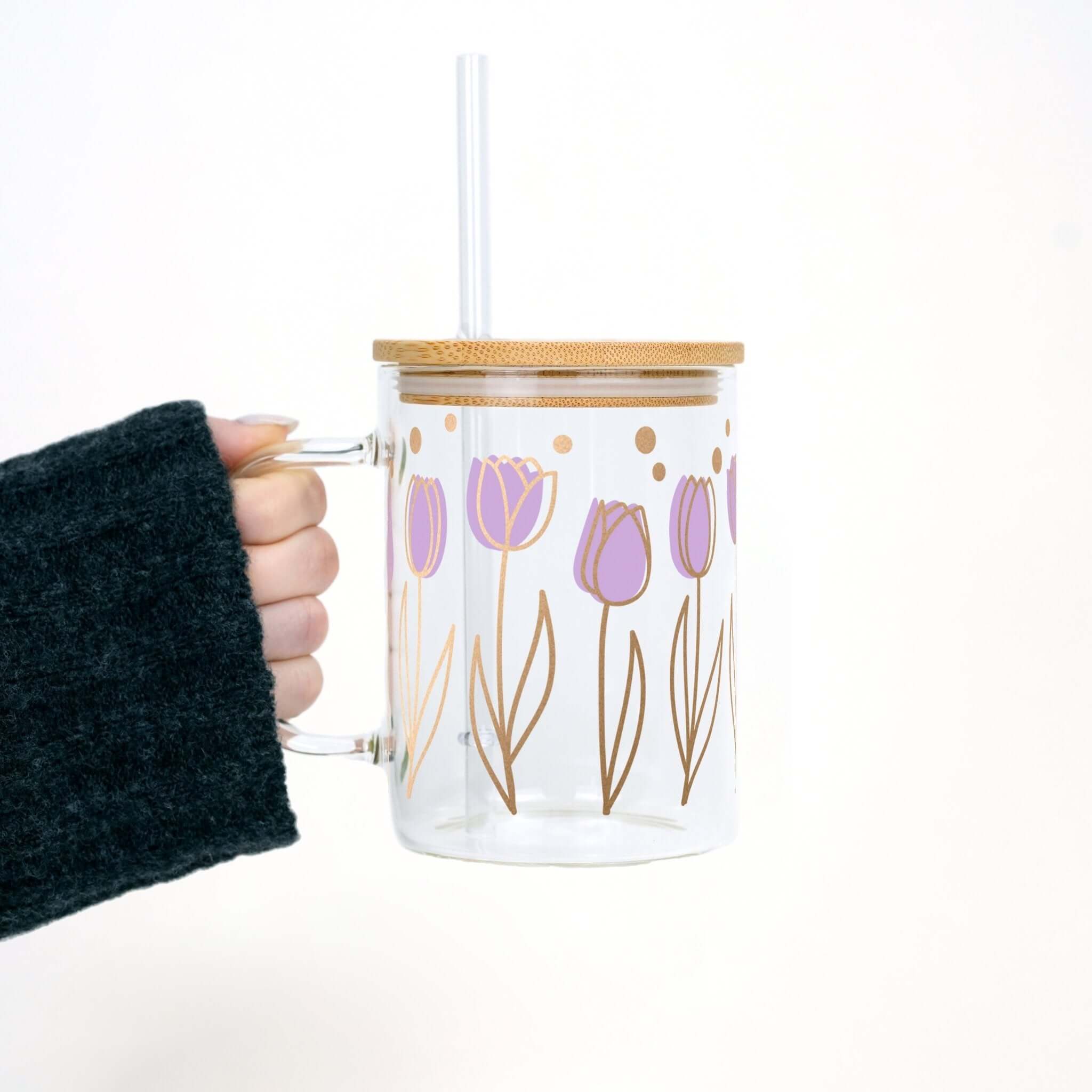 Purple Tulips 17oz Glass Mug With Lid and Straw