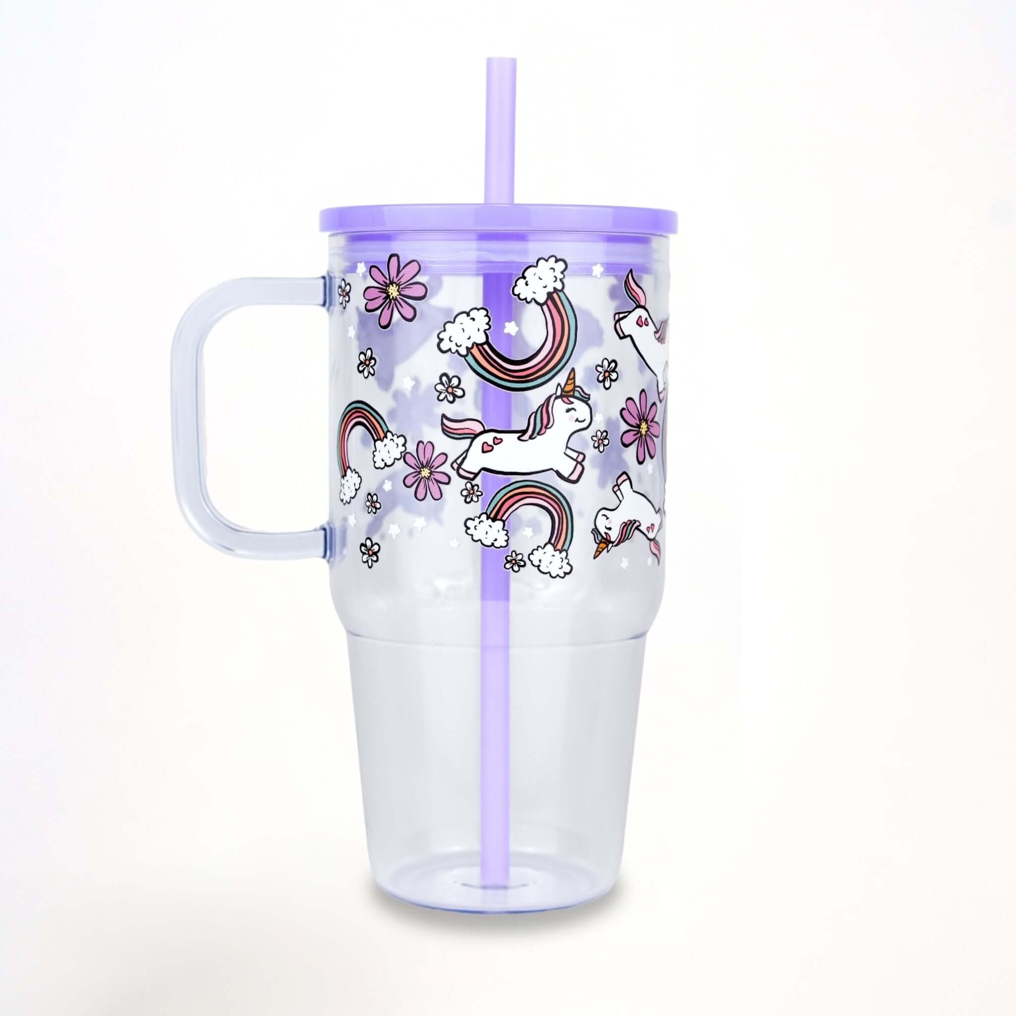 Purple Unicorns, Rainbows & Daisies 20oz Kids Tumbler with Handle, Lid & Straw from Sip Sip Hooray – Drinkware