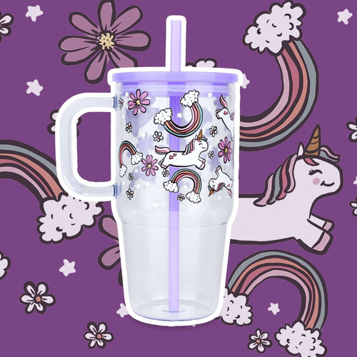 Purple Unicorns, Rainbows & Daisies 20oz Kids Tumbler with Handle, Lid & Straw from Sip Sip Hooray – Drinkware