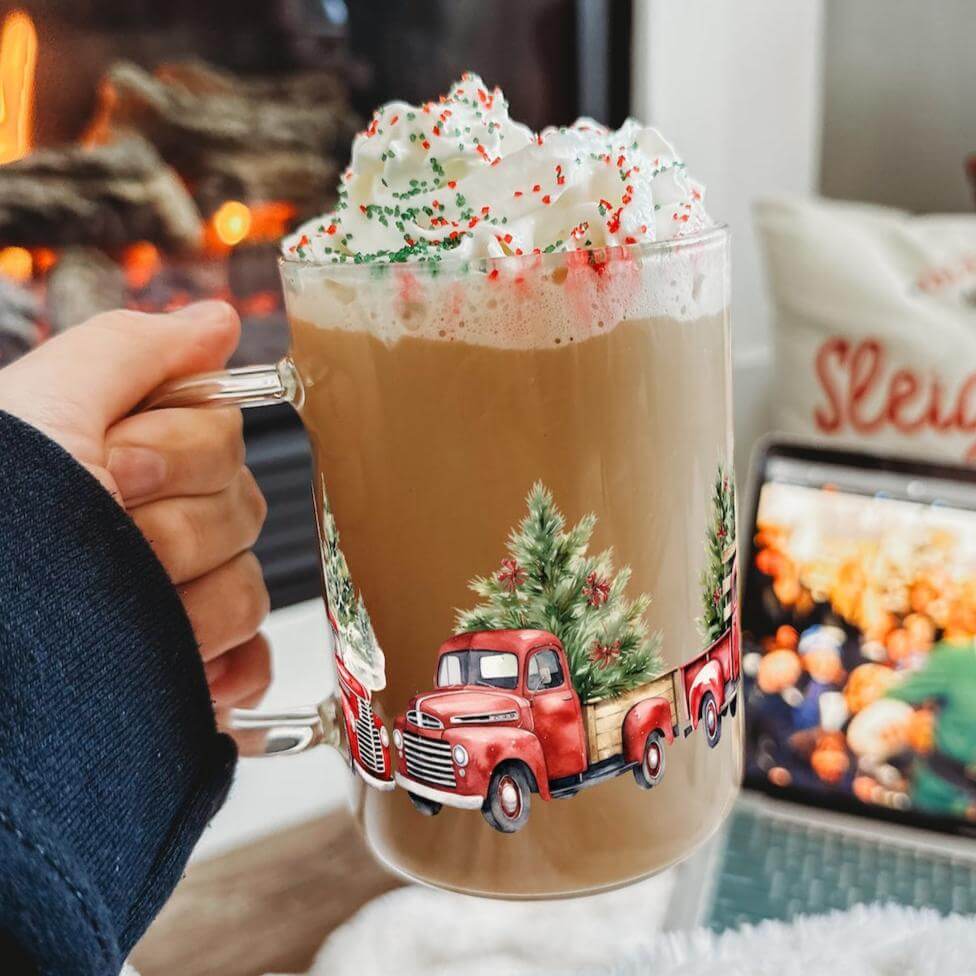 Red Christmas Truck 17oz Glass Mug With Lid and Straw from Sip Sip Hooray – Mugs