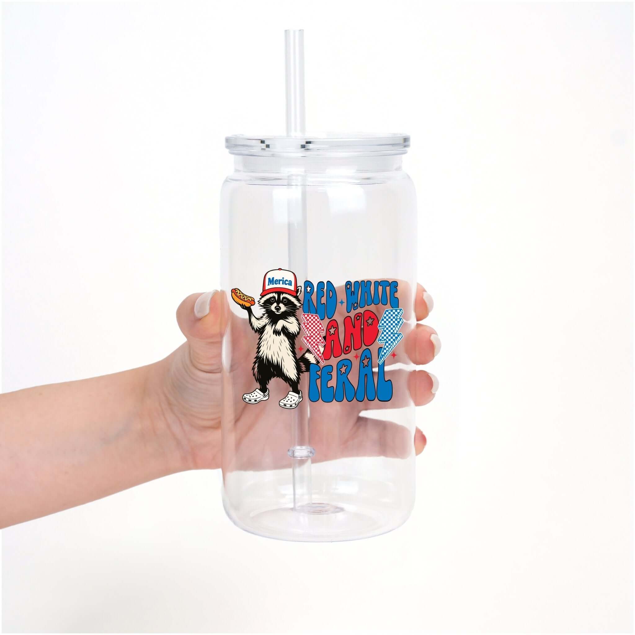 Red White and Feral Hot Dog Patriotic Raccoon Cup With Lid And Straw