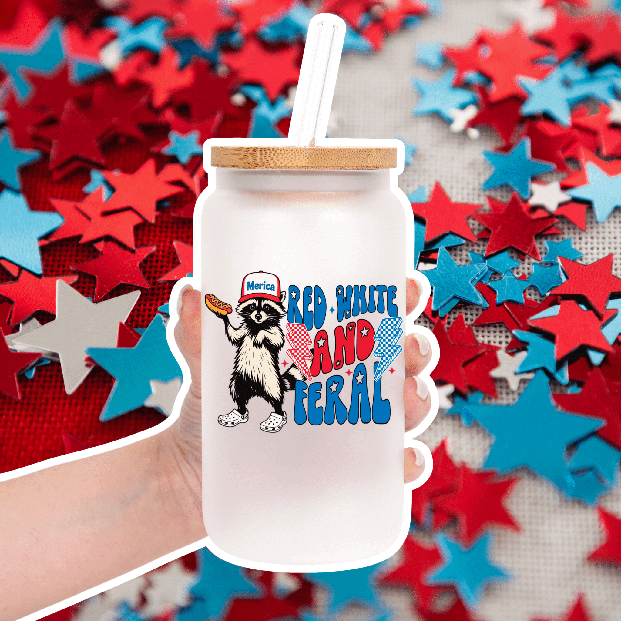 Red White and Feral Hot Dog Patriotic Raccoon Cup With Lid And Straw