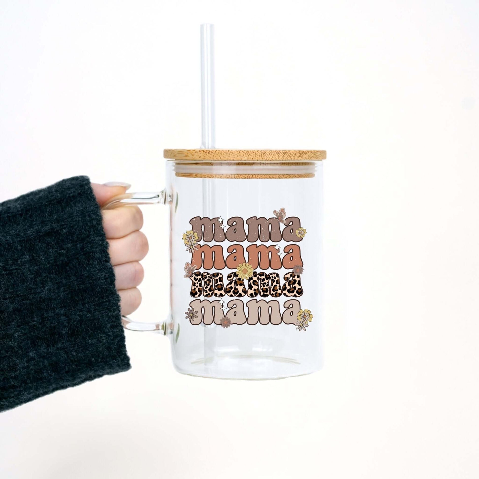 Retro Leopard Mama 17oz Glass Mug With Lid and Straw from Sip Sip Hooray – Drinkware