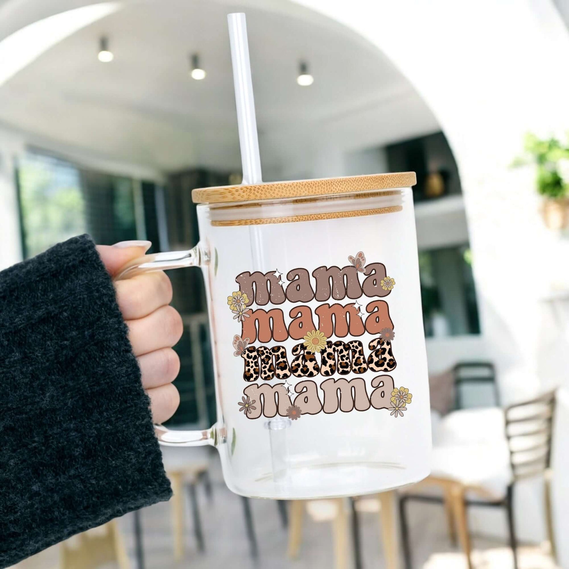 Retro Leopard Mama 17oz Glass Mug With Lid and Straw from Sip Sip Hooray – Drinkware