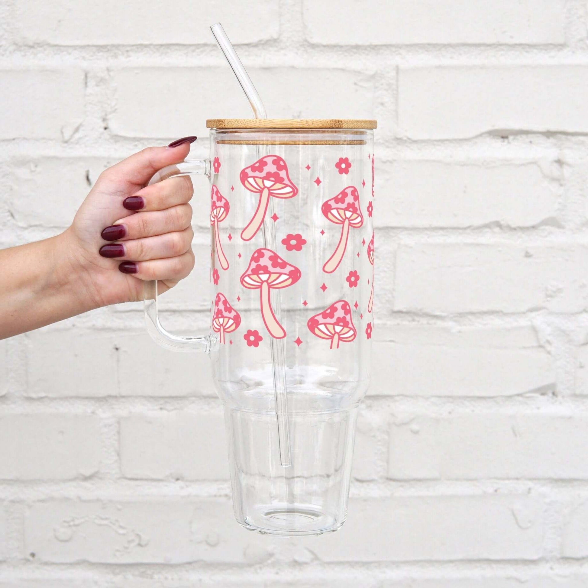 Retro Mushrooms 40oz Glass Tumbler With Lid and Straw from Sip Sip Hooray – Drinkware