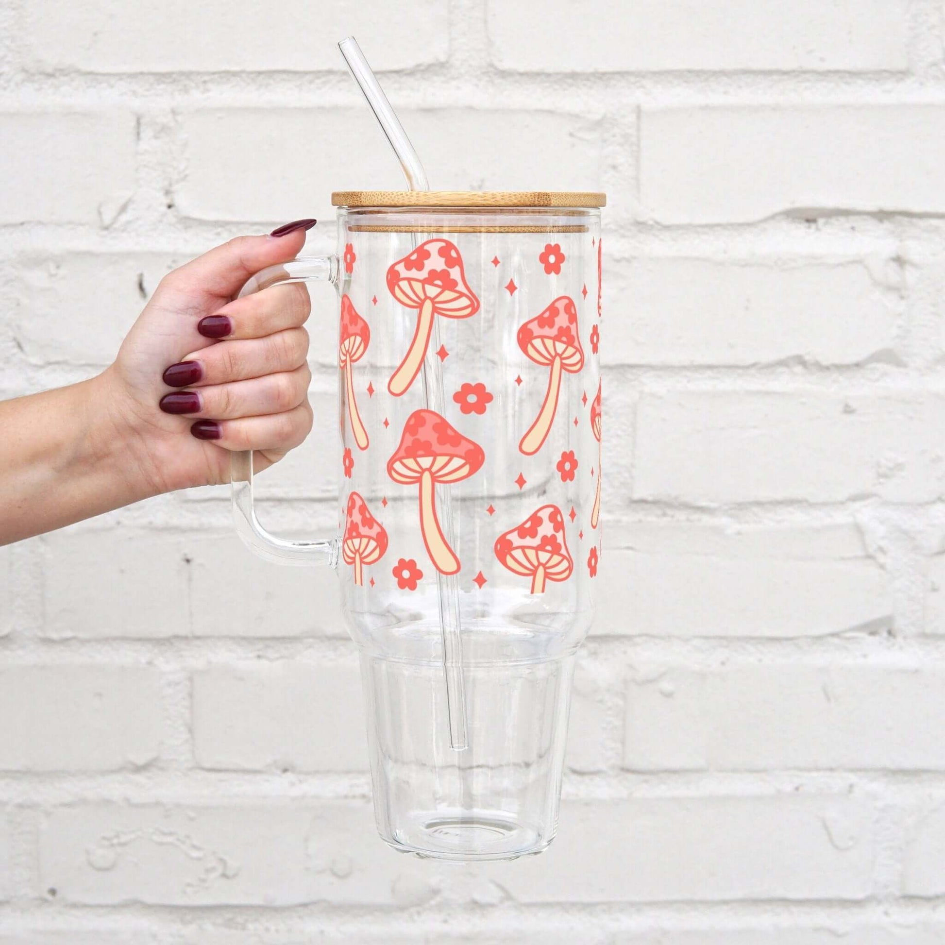 Retro Mushrooms 40oz Glass Tumbler With Lid and Straw from Sip Sip Hooray – Drinkware
