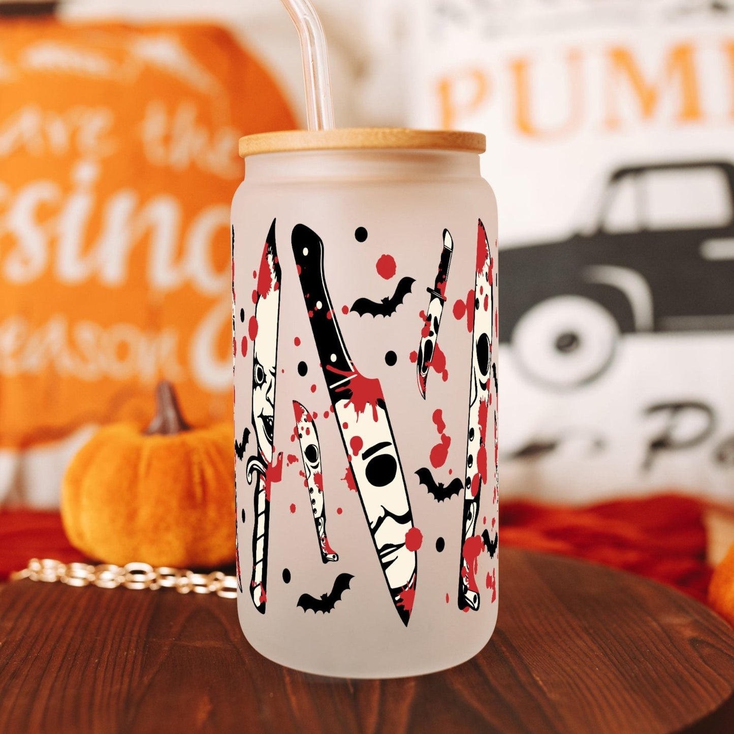 Spooky Splatter 16oz Glass Can Cup With Lid and Straw