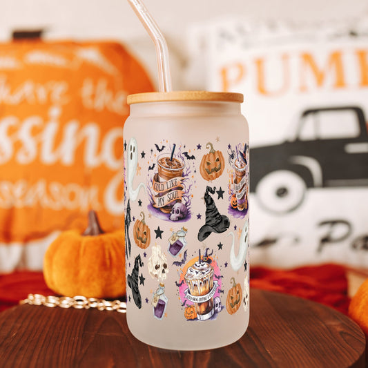 Halloween Fall Coffees 16oz Glass Can Cup With Lid and Straw