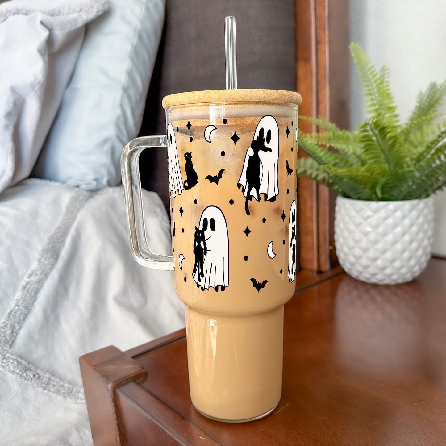 Ghosts Holding Cats 40oz Glass Tumbler With Lid and Straw