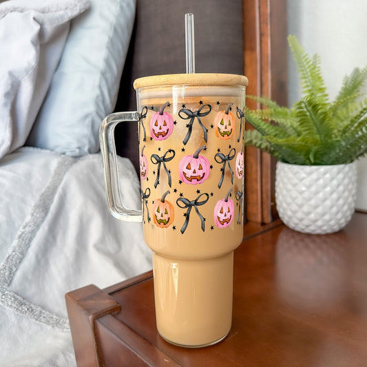 Halloween Coquette Pumpkins 40oz Glass Tumbler With Lid and Straw