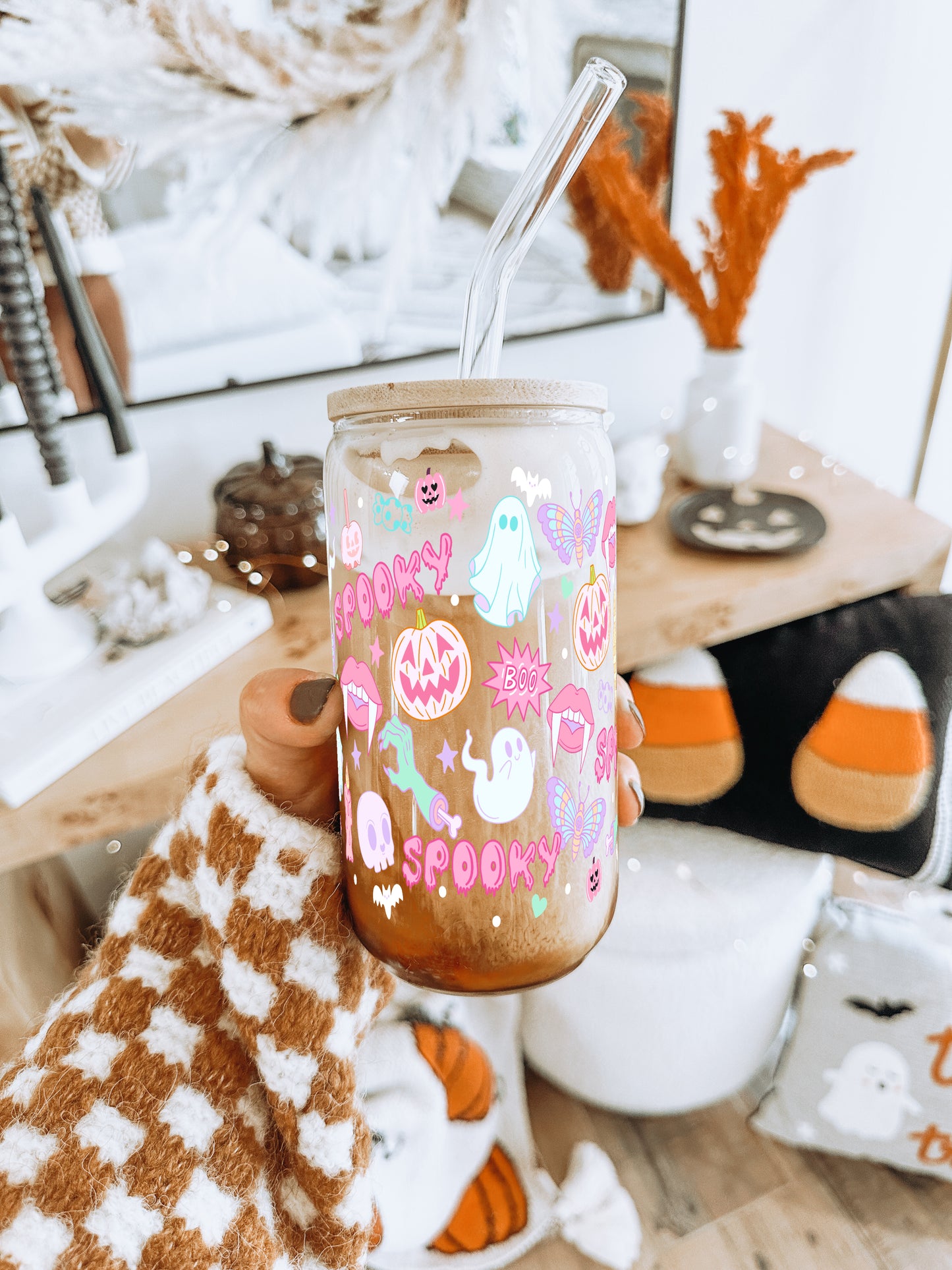 Pink Pastels Halloween 16oz Glass Can Cup With Lid and Straw