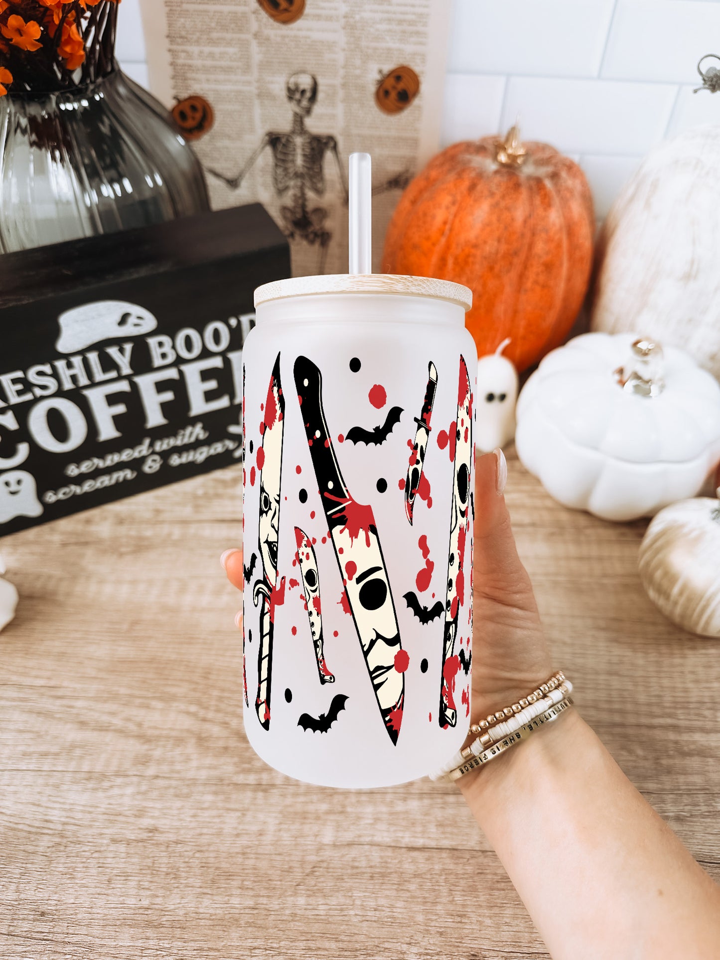 Spooky Splatter 16oz Glass Can Cup With Lid and Straw