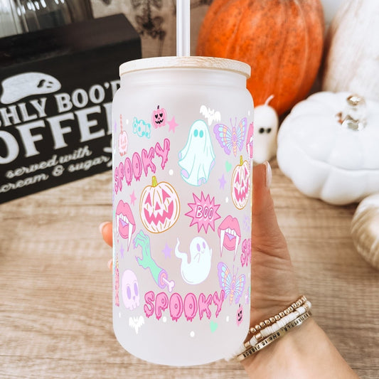 Pink Pastels Halloween 16oz Glass Can Cup With Lid and Straw