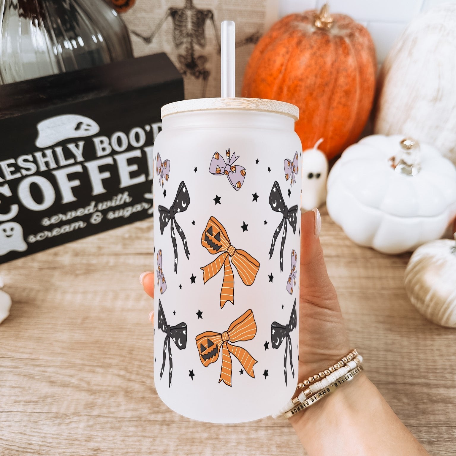 Halloween Bows Glass Can Cup With Lid and Straw