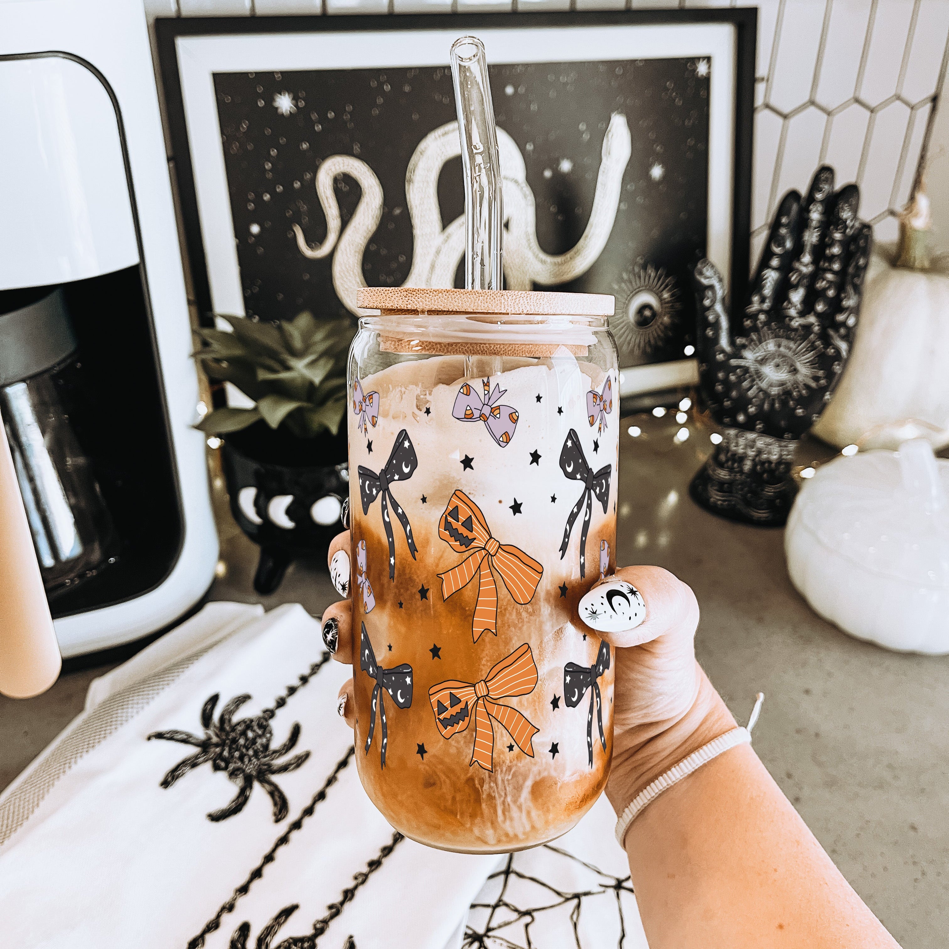 Halloween Bows Glass Can Cup With Lid and Straw