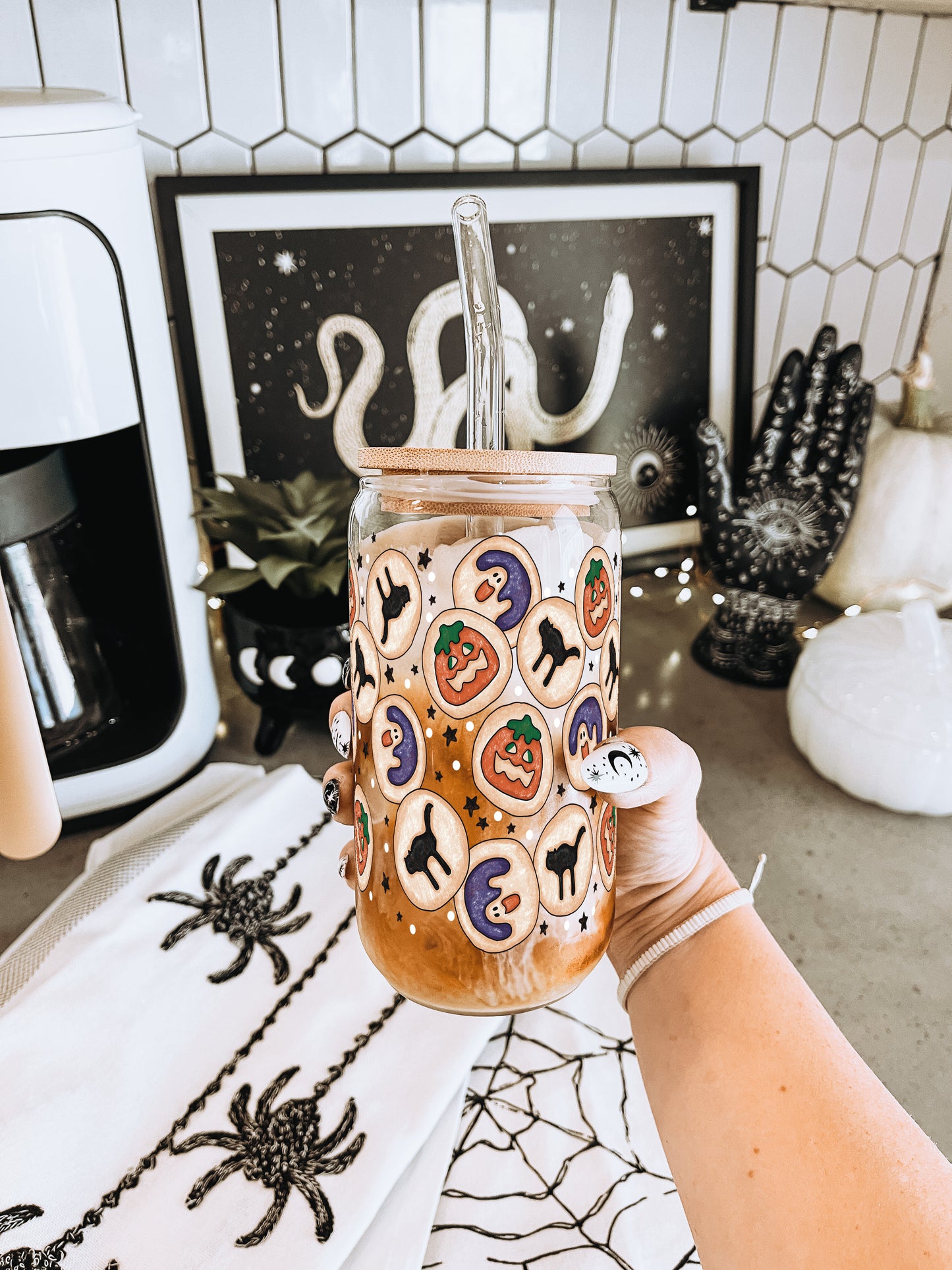 Spooky Cookies 16oz Glass Can Cup With Lid and Straw