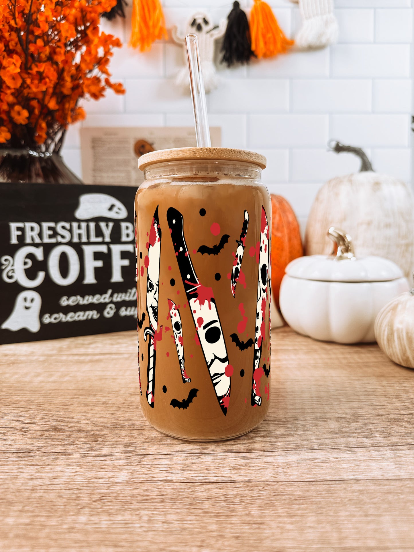 Spooky Splatter 16oz Glass Can Cup With Lid and Straw