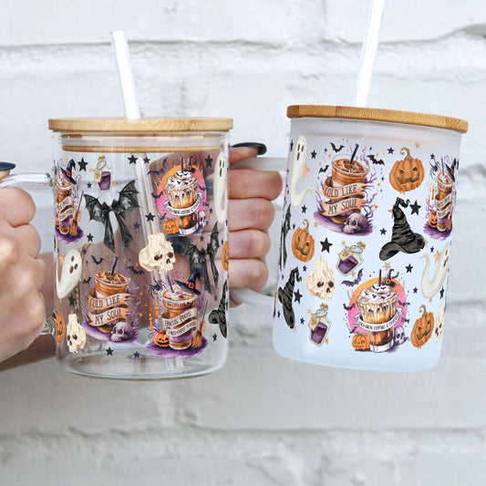 Halloween Fall Coffees 17oz Glass Tumbler WIth Lid and Straw