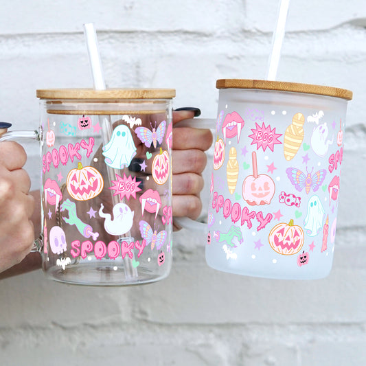 Pink Pastels Halloween 17oz Glass Mug With Lid and Straw