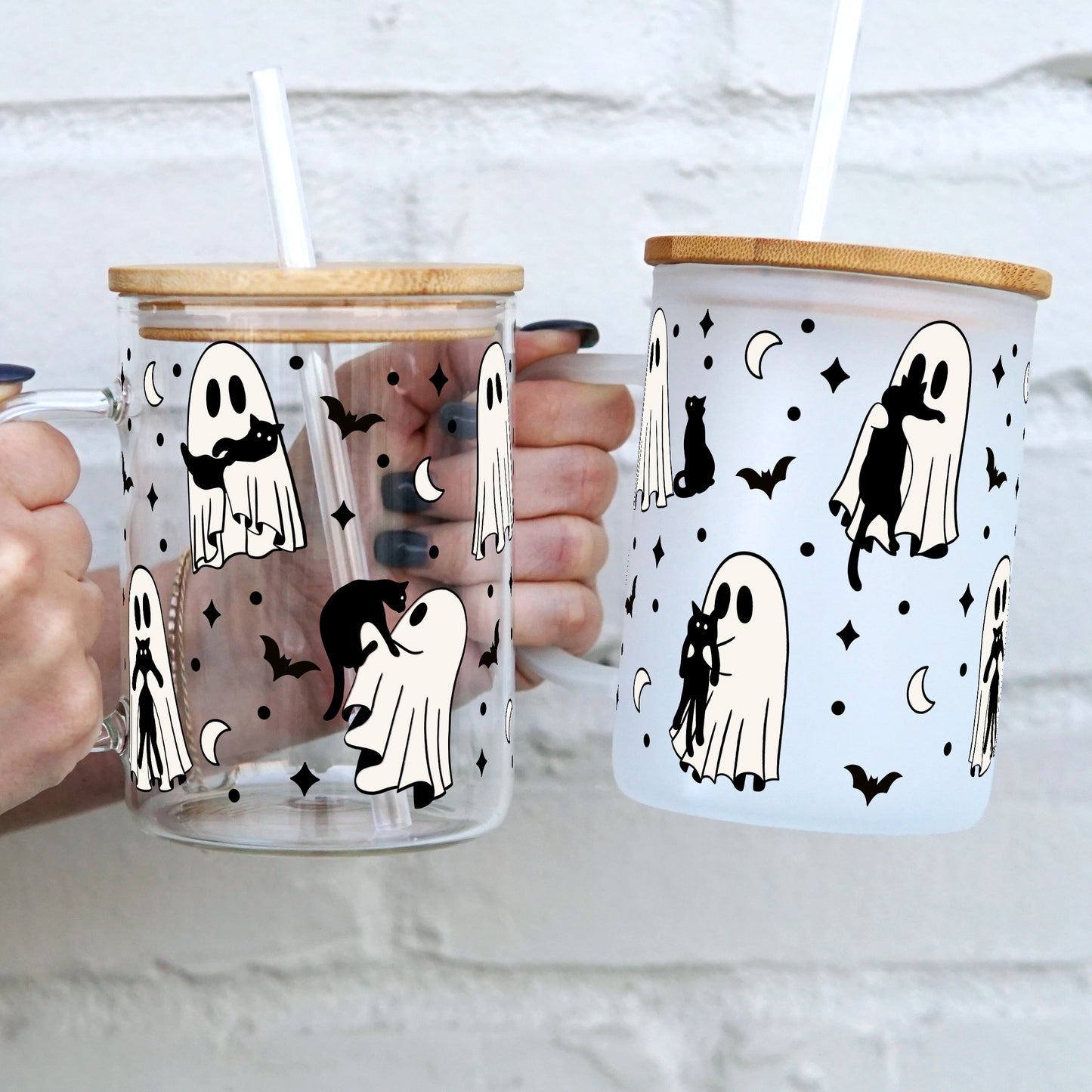 Ghosts Holding Cats 17oz Glass Can Cup With Lid and Straw