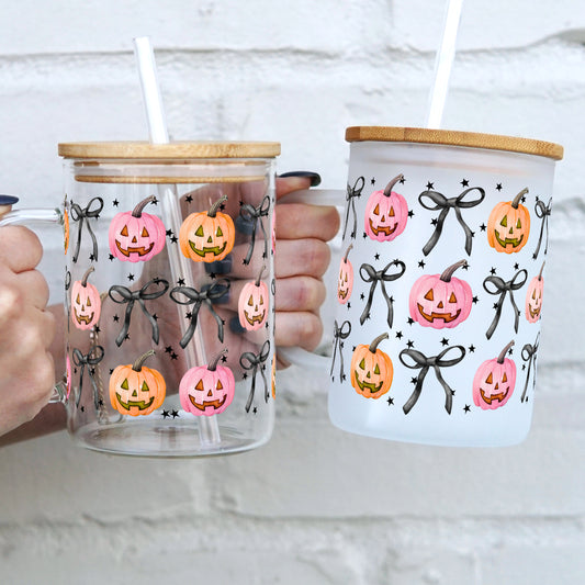 Halloween Coquette Pumpkins 17oz Glass Mug With Lid and Straw