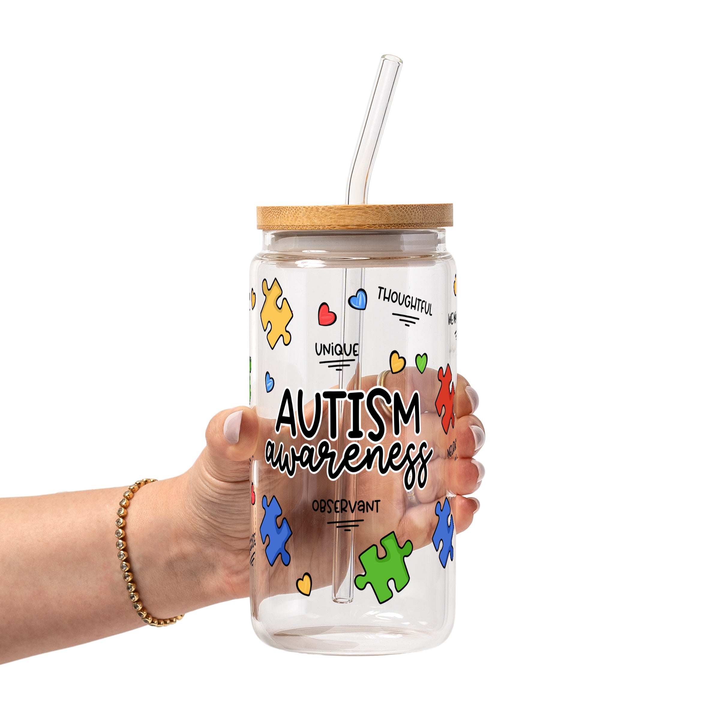 Autism Awareness Puzzle Piece Glass Cup, Mug & Tumbler with Lid and Straw