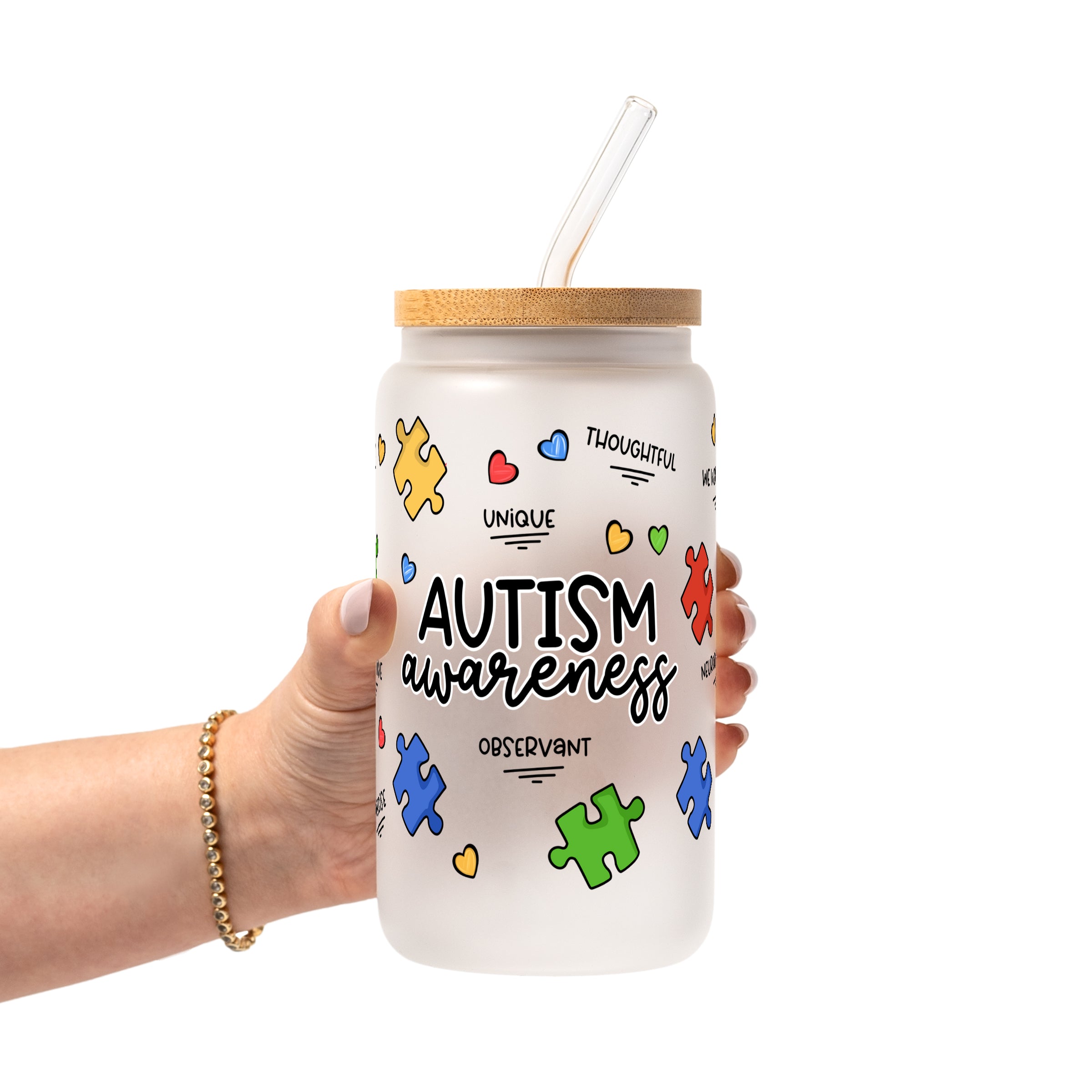 Autism Awareness Puzzle Piece Glass Cup, Mug & Tumbler with Lid and Straw