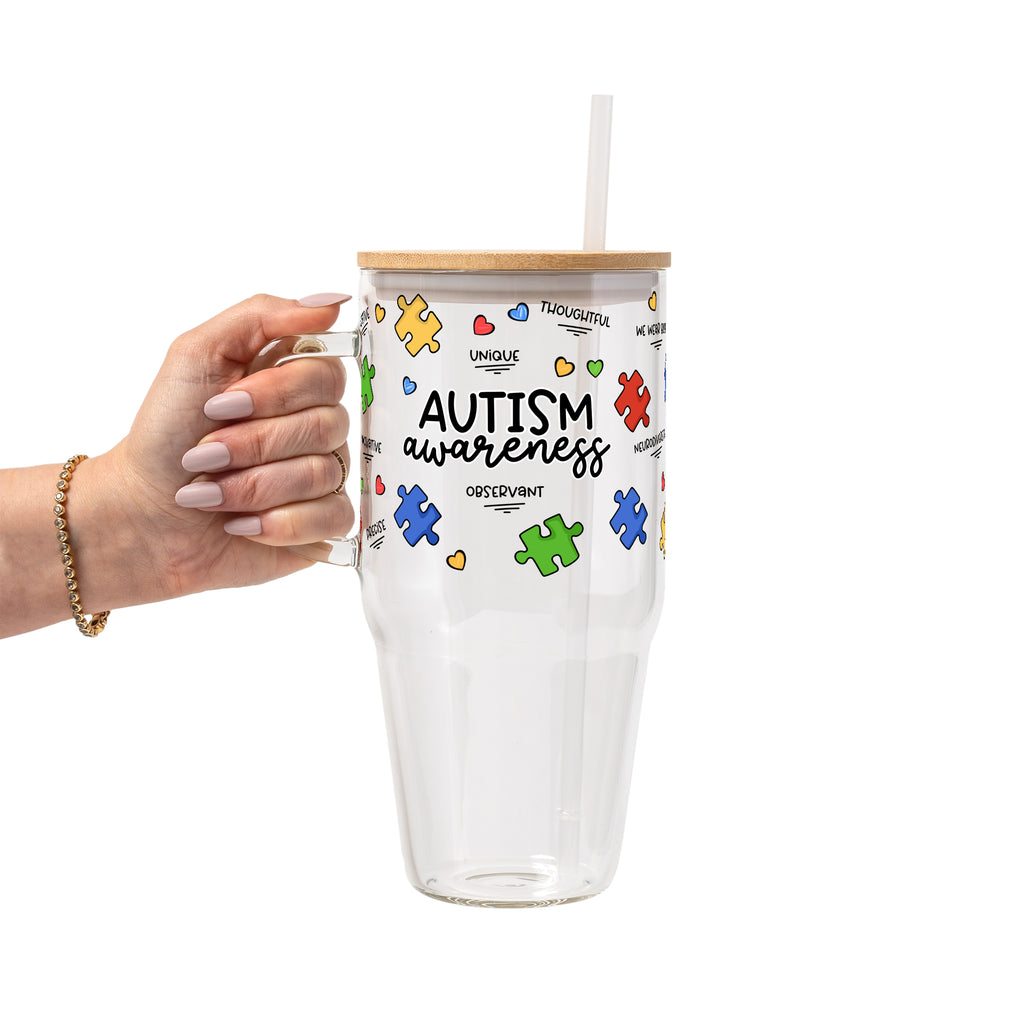 Autism Awareness Puzzle Piece Glass Cup, Mug & Tumbler with Lid and Straw