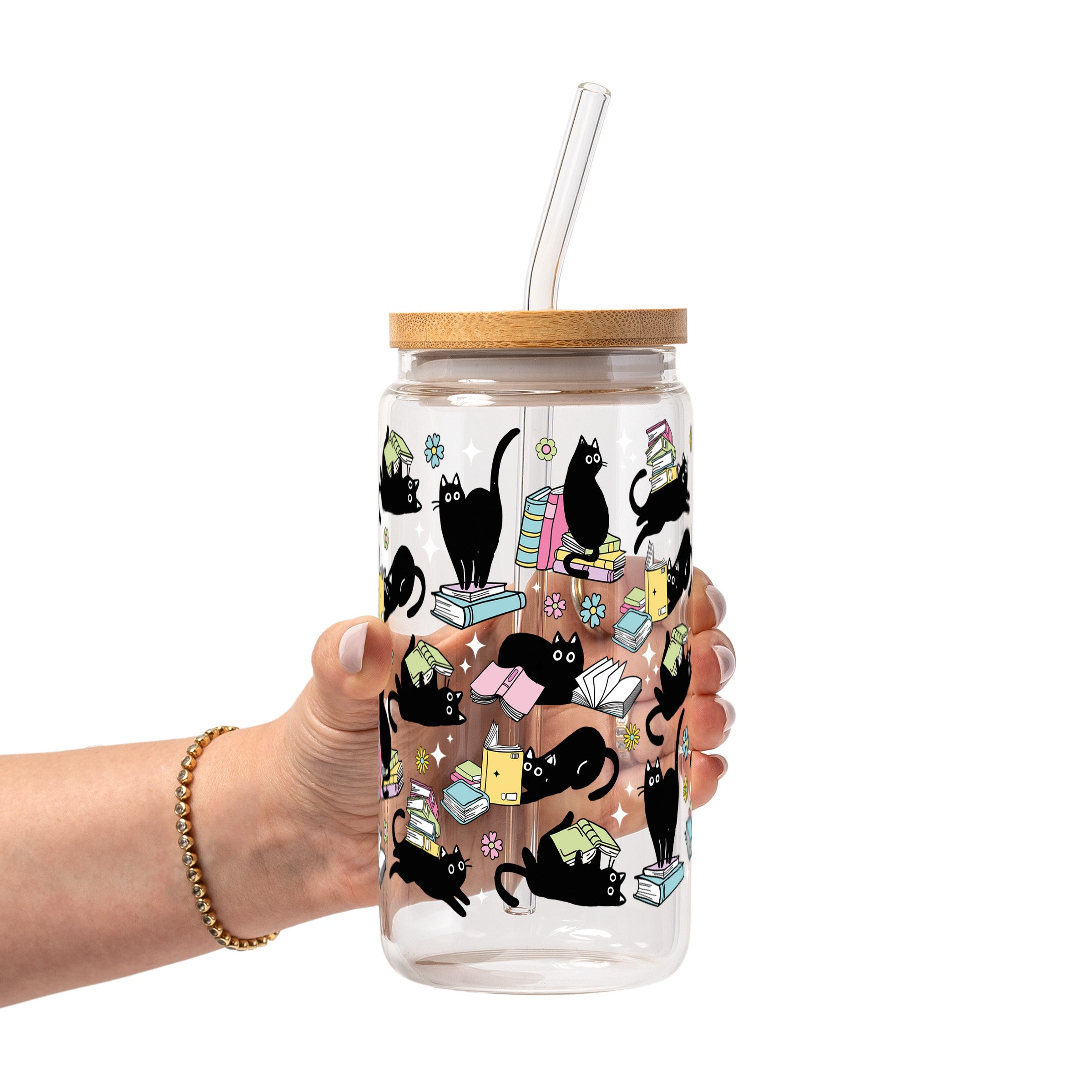 Black Cats on Books Glass Cup, Mug & Tumbler with Lid and Straw