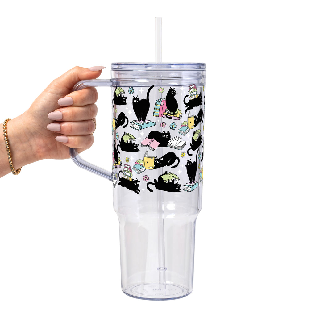 Black Cats on Books Glass Cup, Mug & Tumbler with Lid and Straw