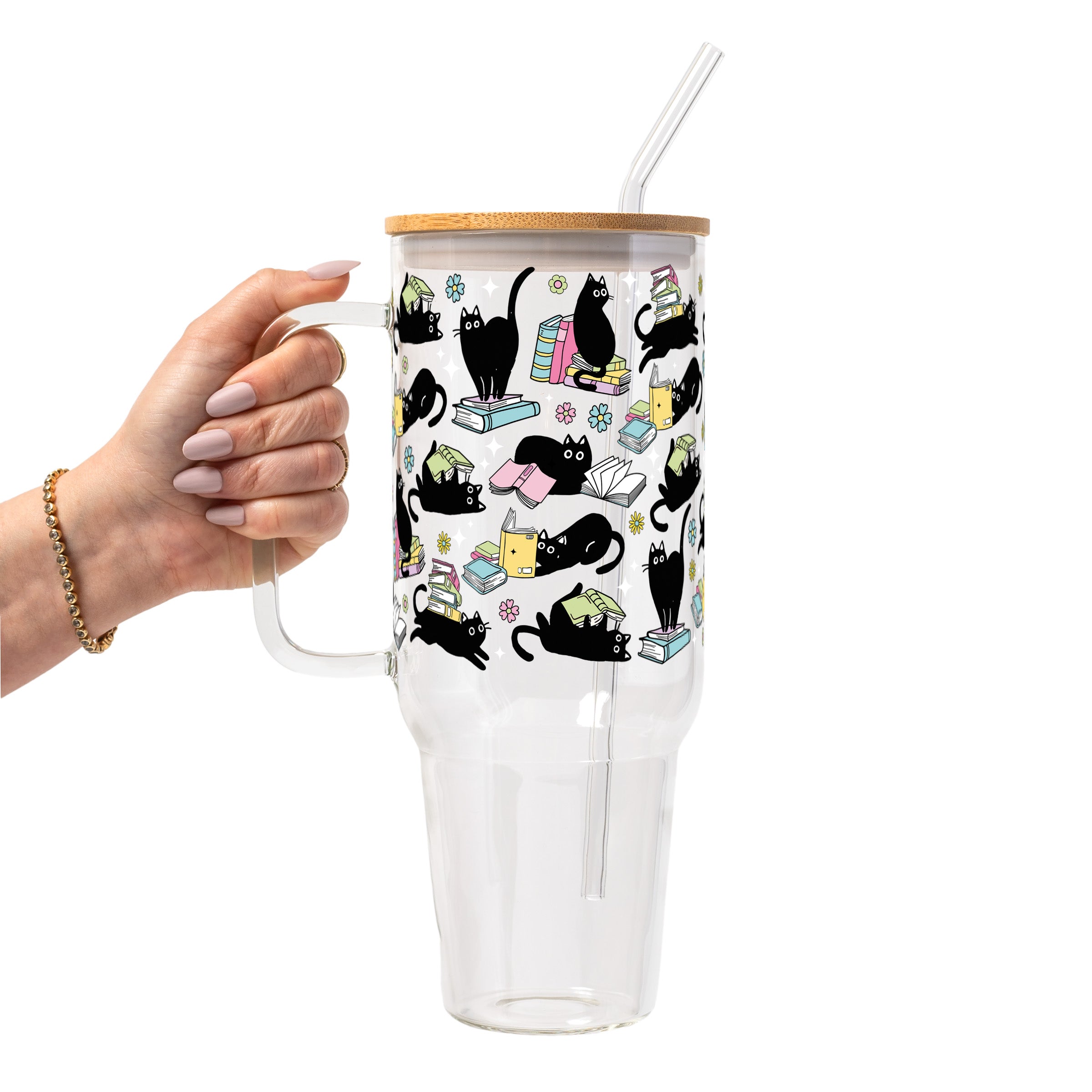 Black Cats on Books Glass Cup, Mug & Tumbler with Lid and Straw
