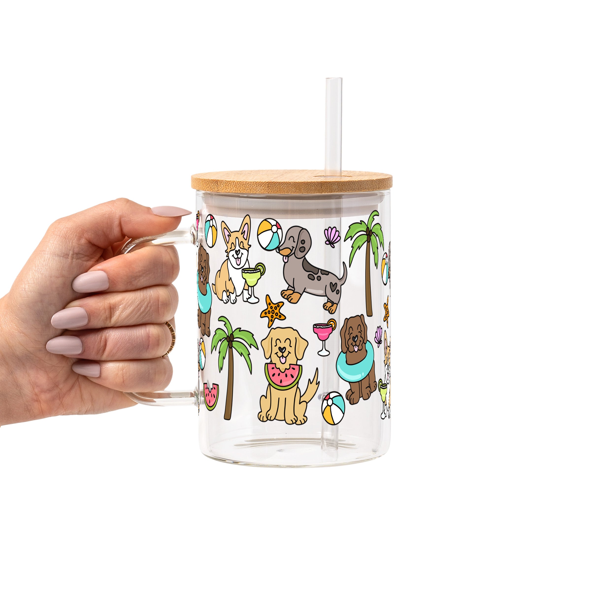 Beach Pups Glass Cup, Mug & Tumbler with Lid and Straw