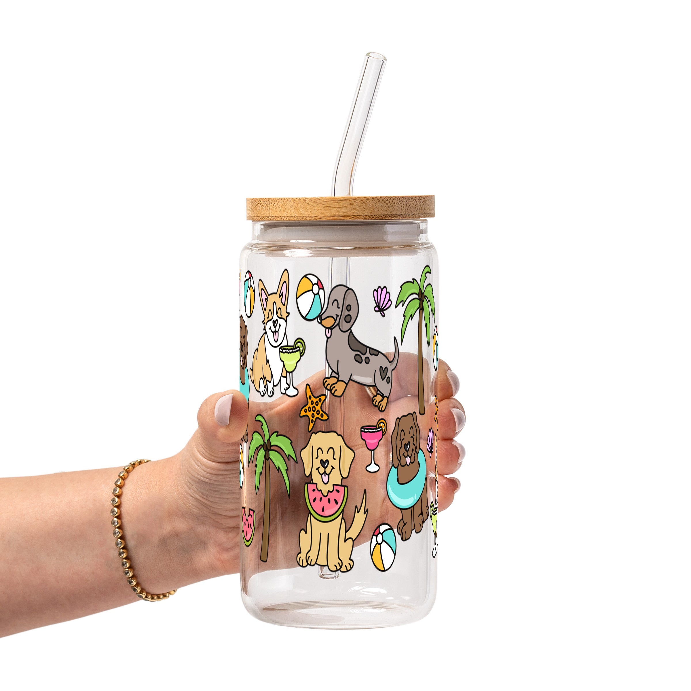 Beach Pups Glass Cup, Mug & Tumbler with Lid and Straw