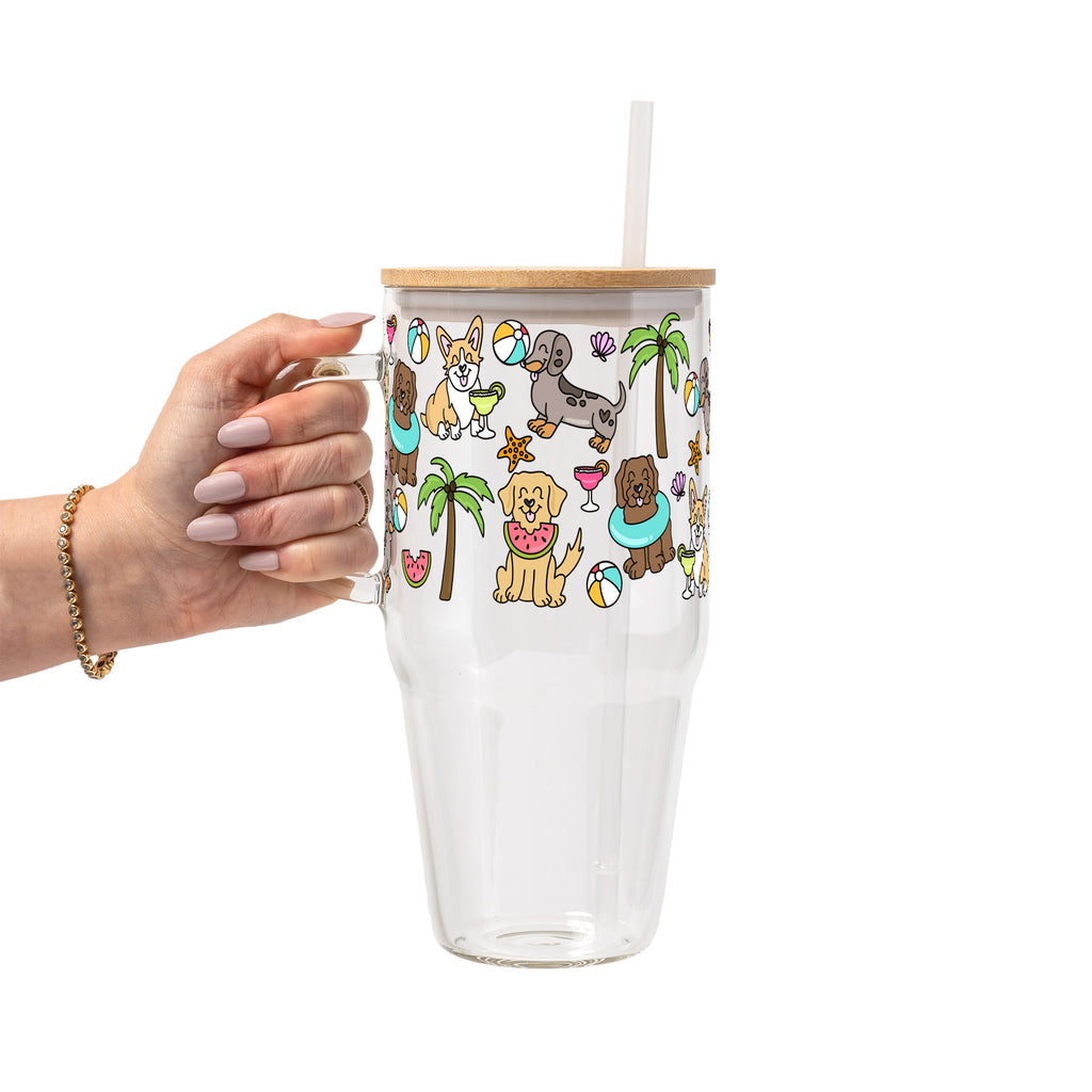 Beach Pups Glass Cup, Mug & Tumbler with Lid and Straw