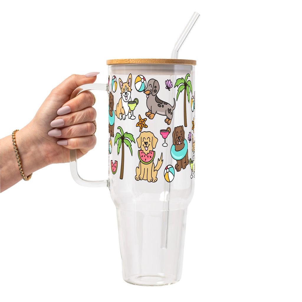 Beach Pups Glass Cup, Mug & Tumbler with Lid and Straw