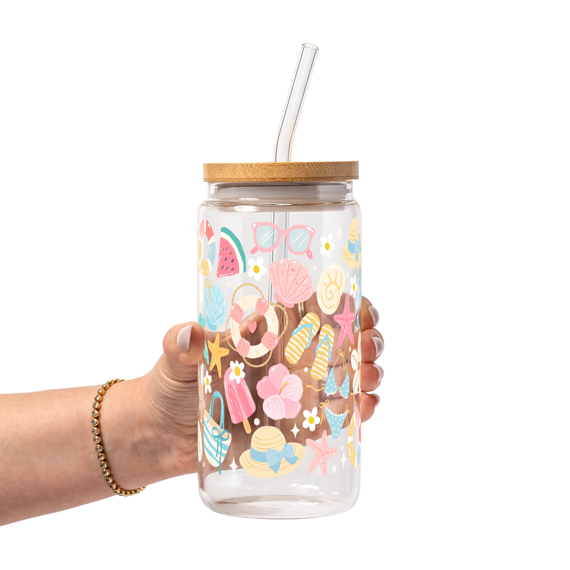 Beach Day Glass Cup, Mug & Tumbler with Lid and Straw
