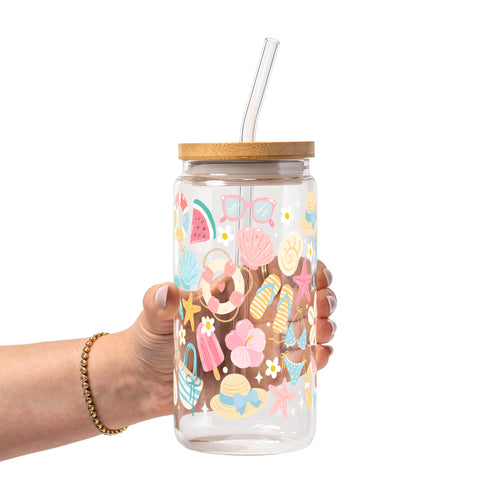 Beach Day Glass Cup, Mug & Tumbler with Lid and Straw