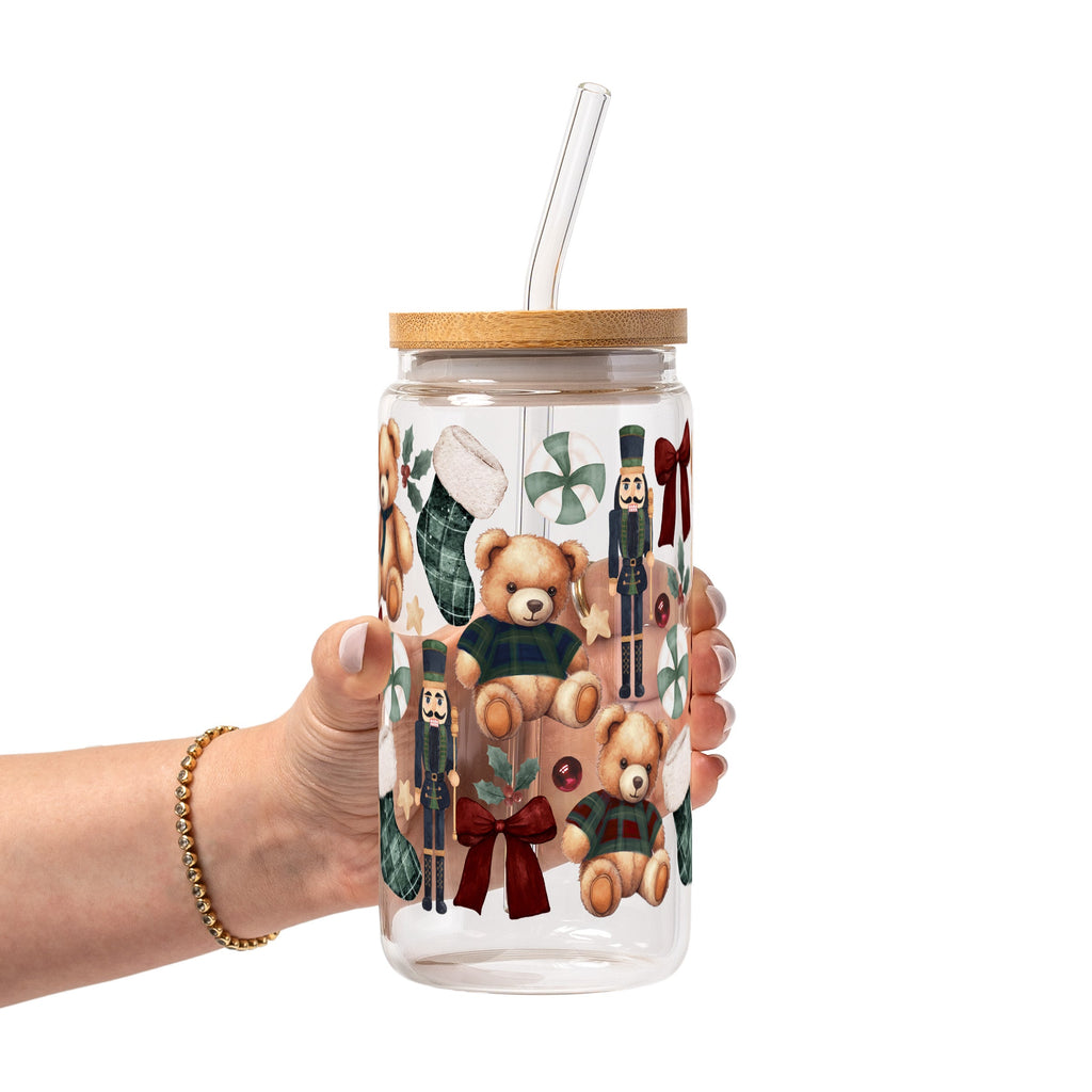 Plaid Teddy Christmas Glass Cup, Mug & Tumbler with Lid and Straw
