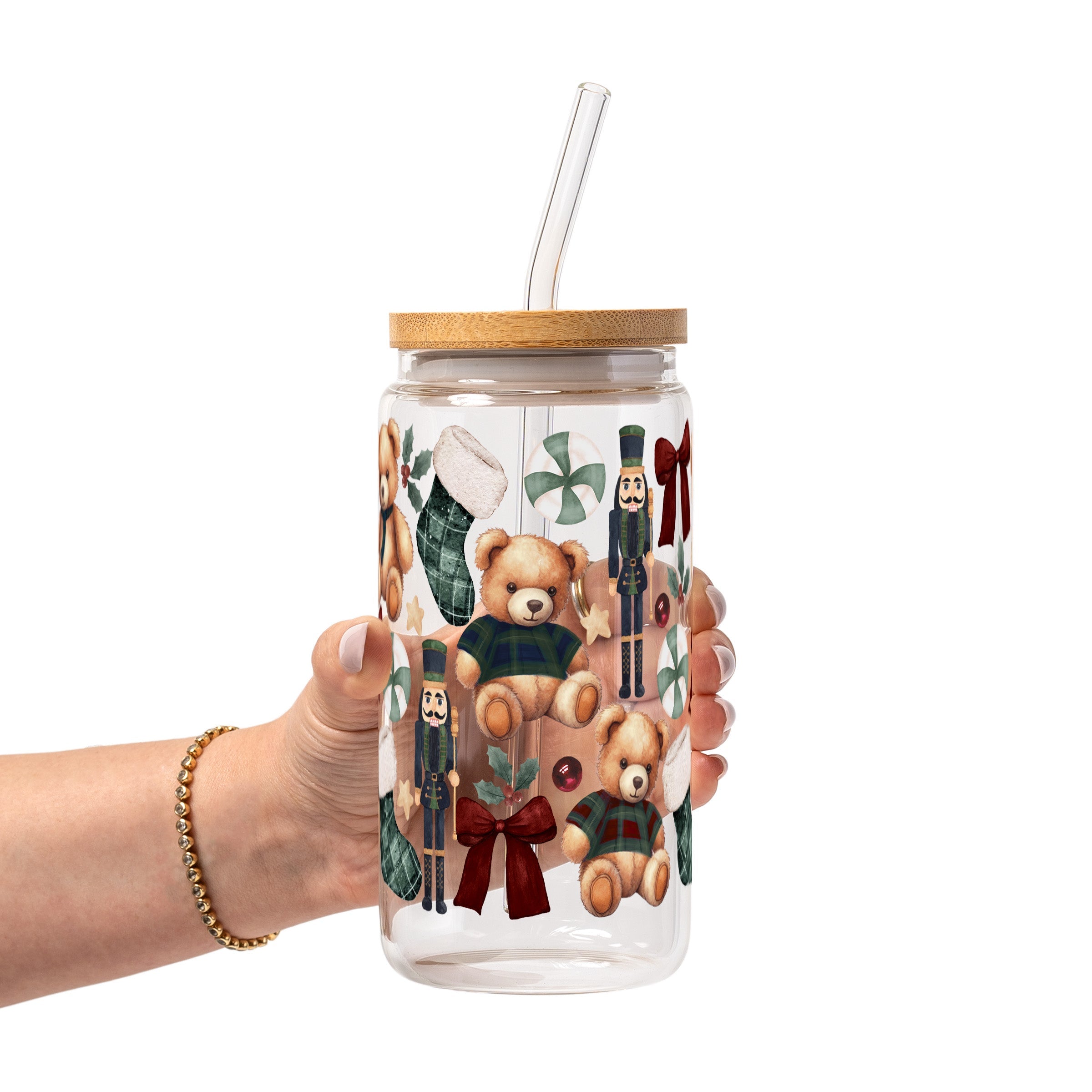 Plaid Teddy Christmas Glass Cup, Mug & Tumbler with Lid and Straw