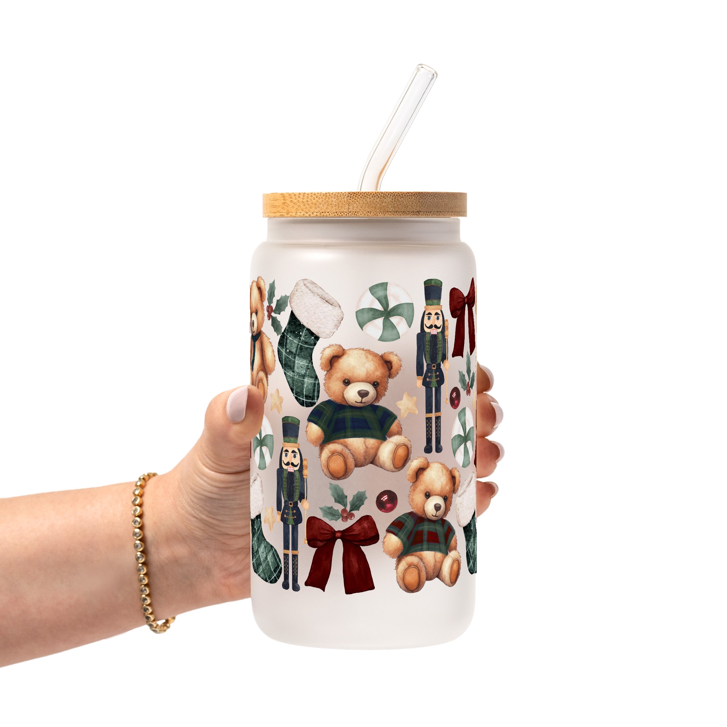 Plaid Teddy Christmas Glass Cup, Mug & Tumbler with Lid and Straw
